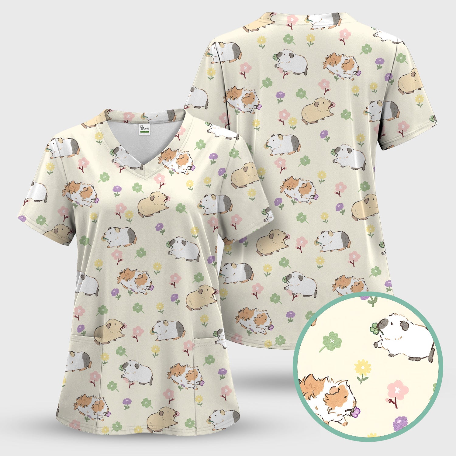 Cozy Guinea Pig Floral Doodle Pattern Scrub Set, Women's Scrub Sets