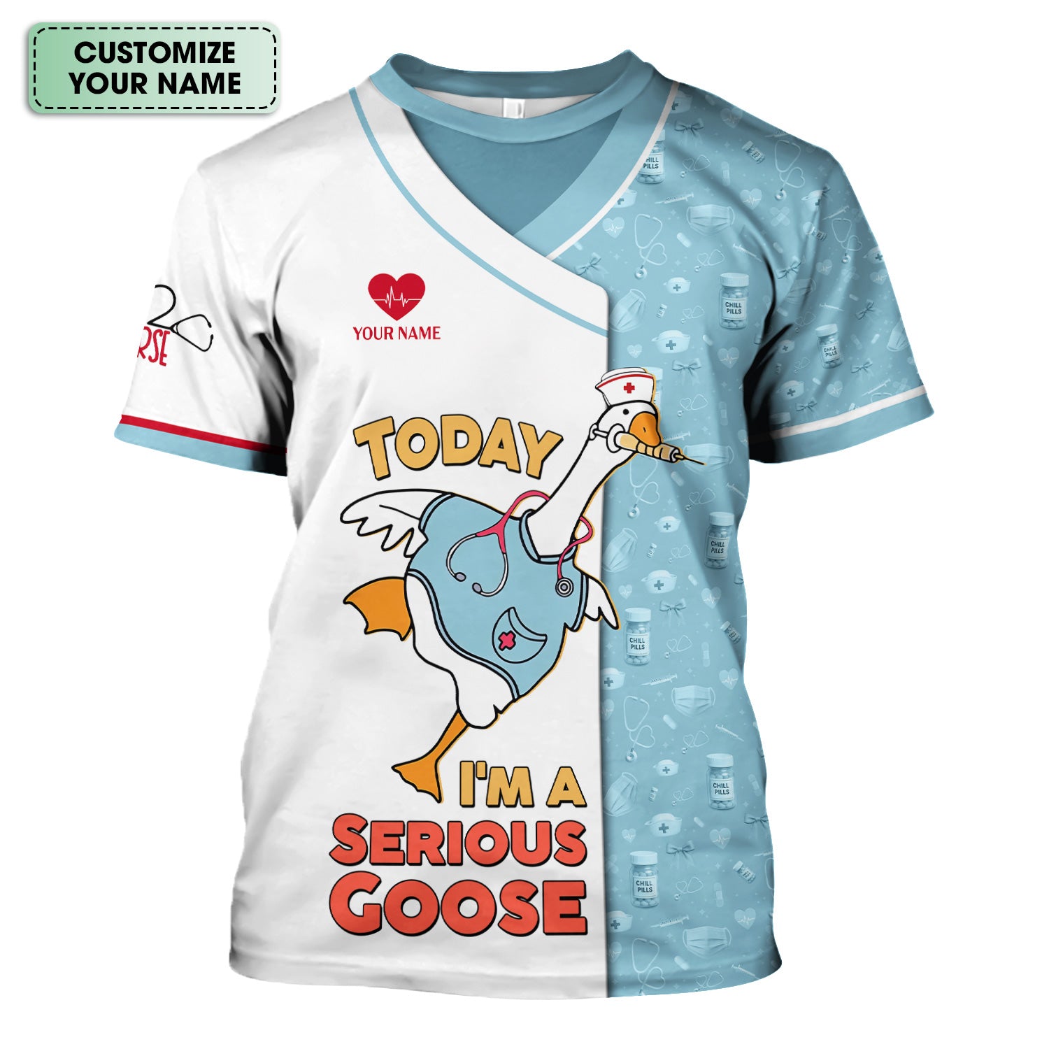 Personalized Goose Nurse T-Shirt for Women - Silly Medical Icons Design - Custom Name Gift for Healthcare Workers & Medical Staff