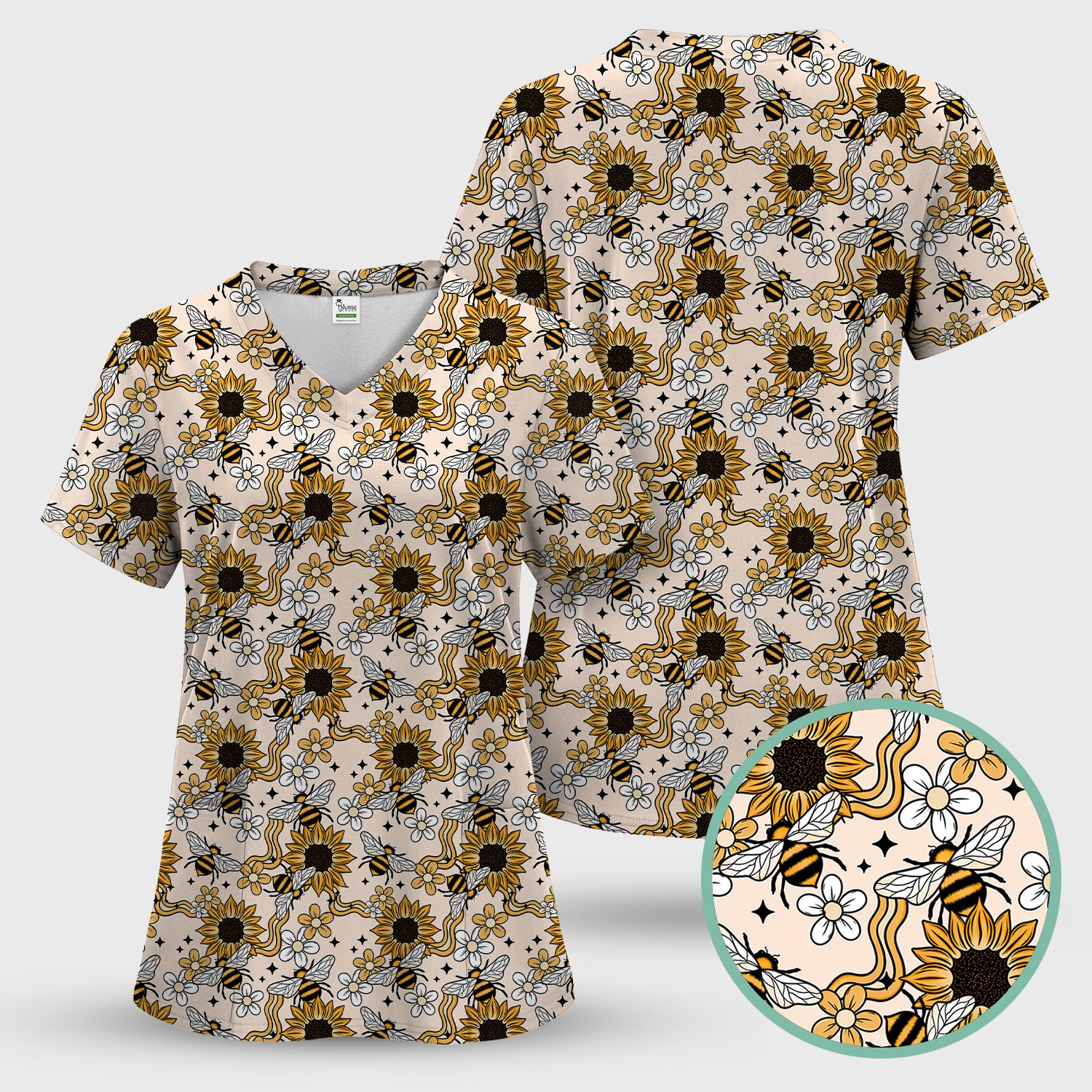 Sunflower And Honey Bee Floral Scrub Set, Scrub Pants and V Neck Top