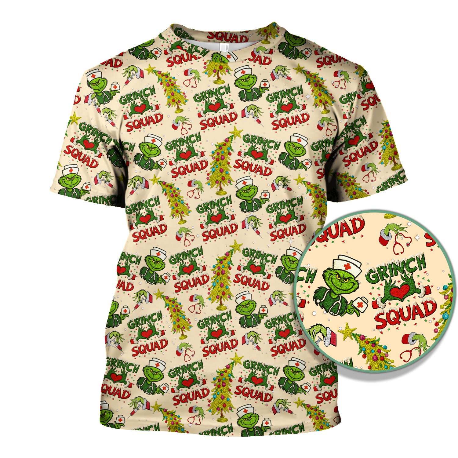 Grinch Squad Christmas Scrub Shirt - Funny Holiday Scrub Top for Nurses - Multi Color Nursing Work Shirt with Pockets