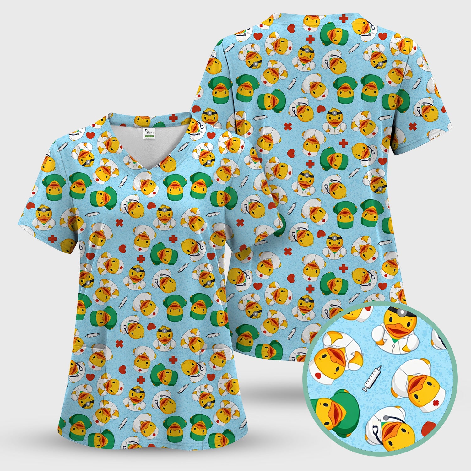 Duck Doctor Cartoon Pattern Scrub Top, Comfortable Scrubs for Nurses