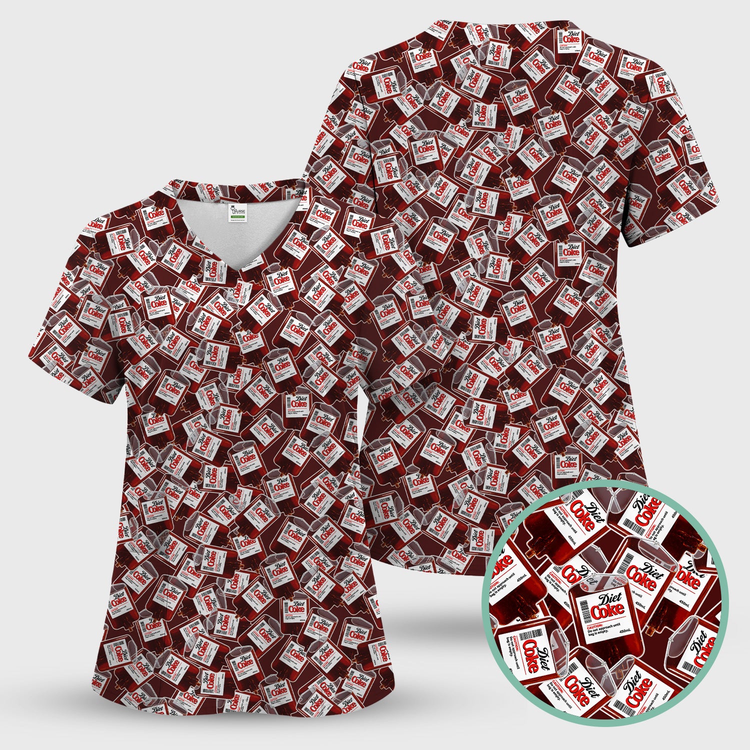Vintage Soda Bottle Print V Neck Scrub Top for Nurses, Red Medical Uniform