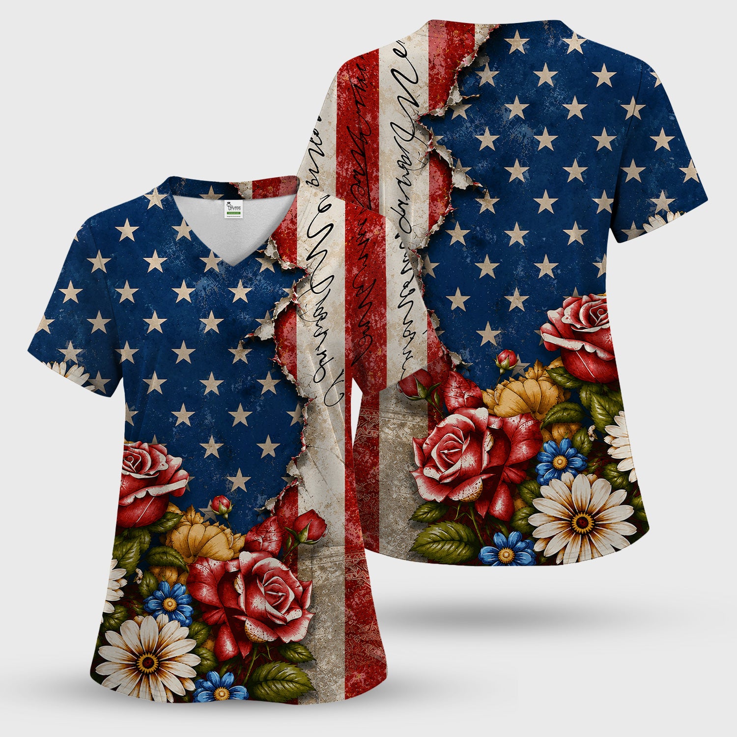 American Flag Vintage Rose Floral Pattern Scrub Set, Scrub Pants and V Neck Top