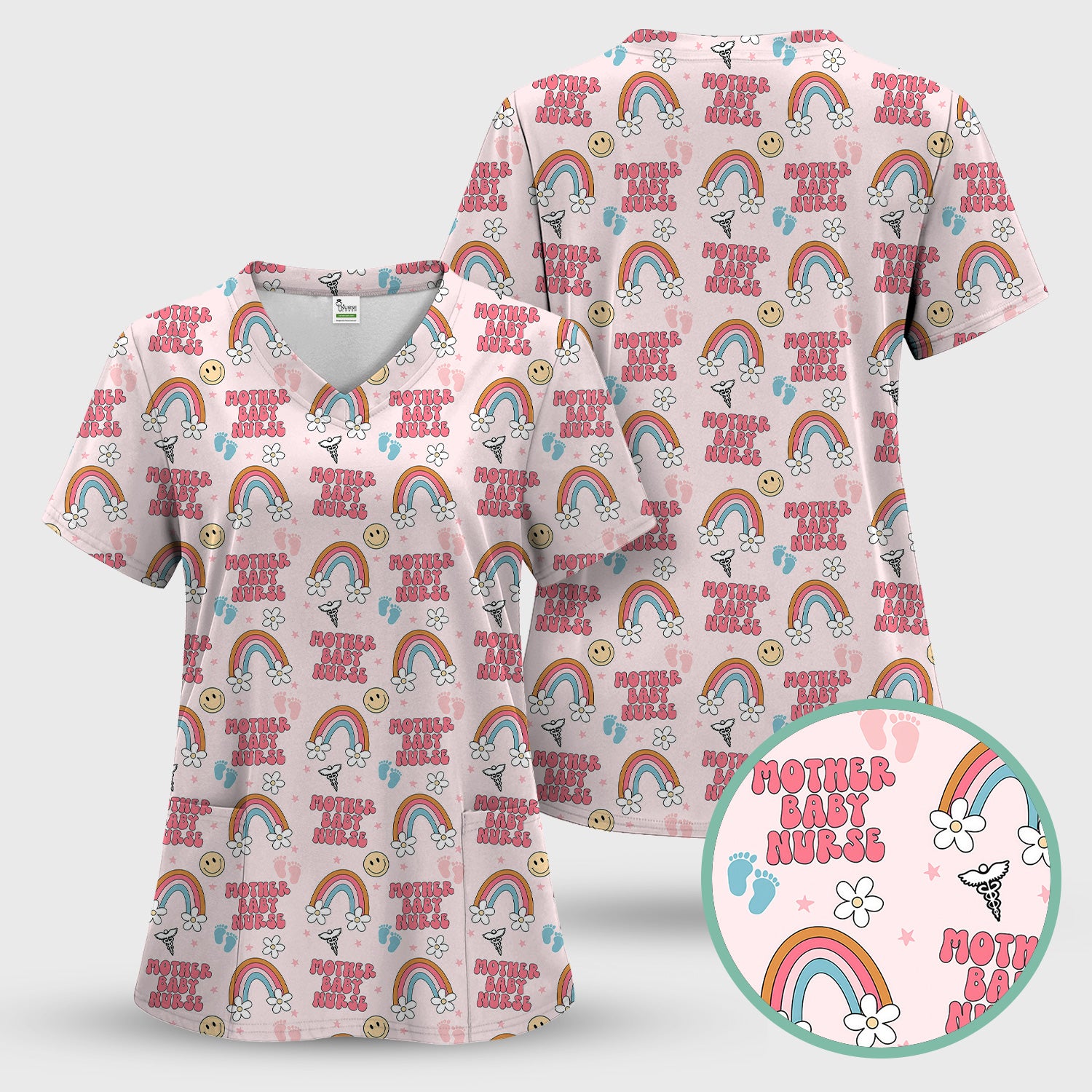 Sweet Mother Baby Nurse Rainbow Pattern Scrub Set, Scrub Pants and V Neck Top