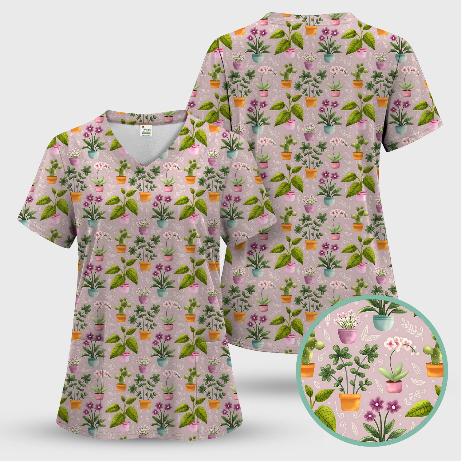 Potted Plant Orchid Cactus Pattern Scrub Top, Comfortable Scrubs for Nurses
