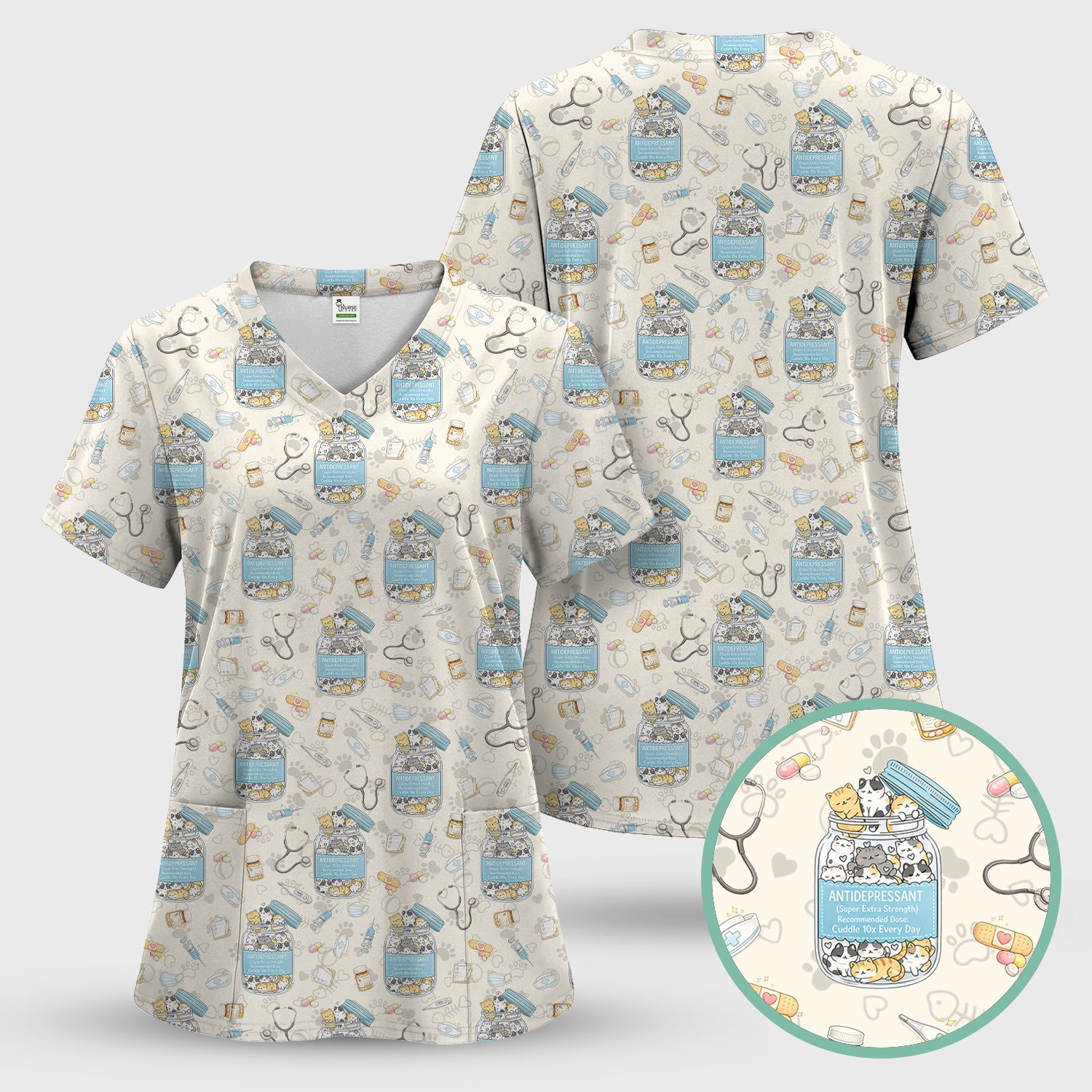 Cute Antidepressant Cat Jar Print Nurse Scrub Top, Breathable Fabrics Nursing Uniform