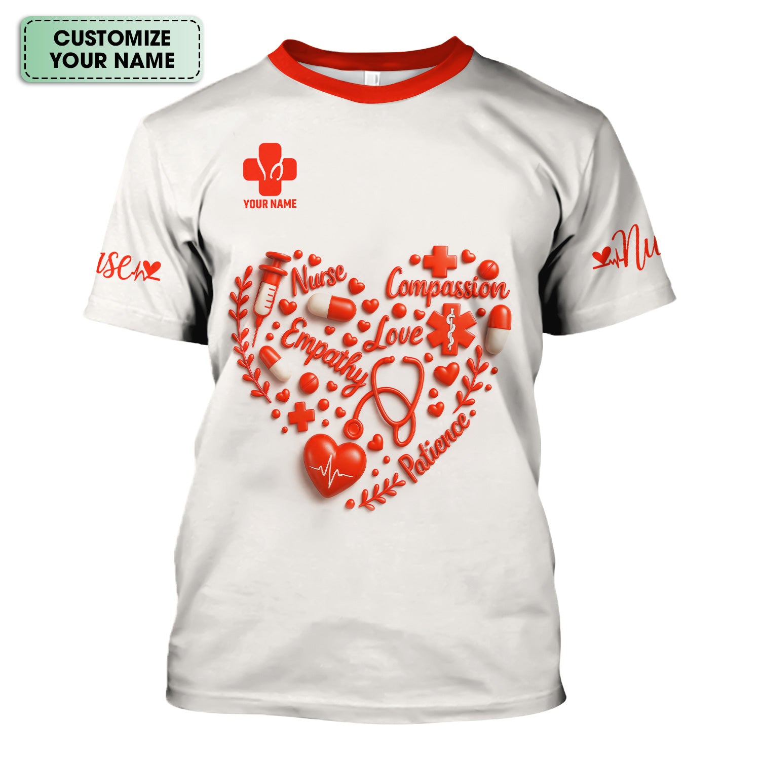 Heart Word Art Nurse Scrub Top - Compassion Empathy Love Design - Gift for RN CNA LPN Women in Healthcare