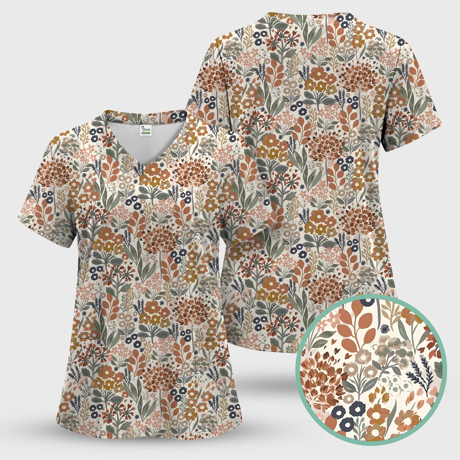 Vintage Botanical Floral Pattern Scrub Top, Breathable Fabrics Nursing Uniform