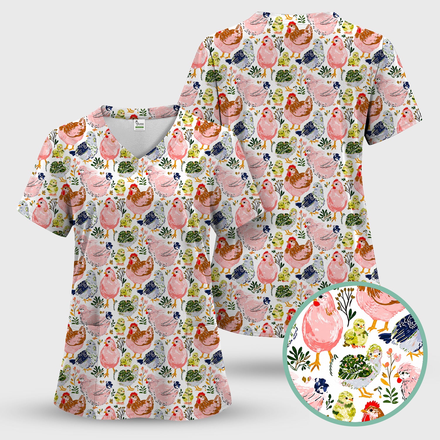 Cute Farm Chicken Hen Chick Pattern Scrub Top, Comfortable Scrubs for Nurses