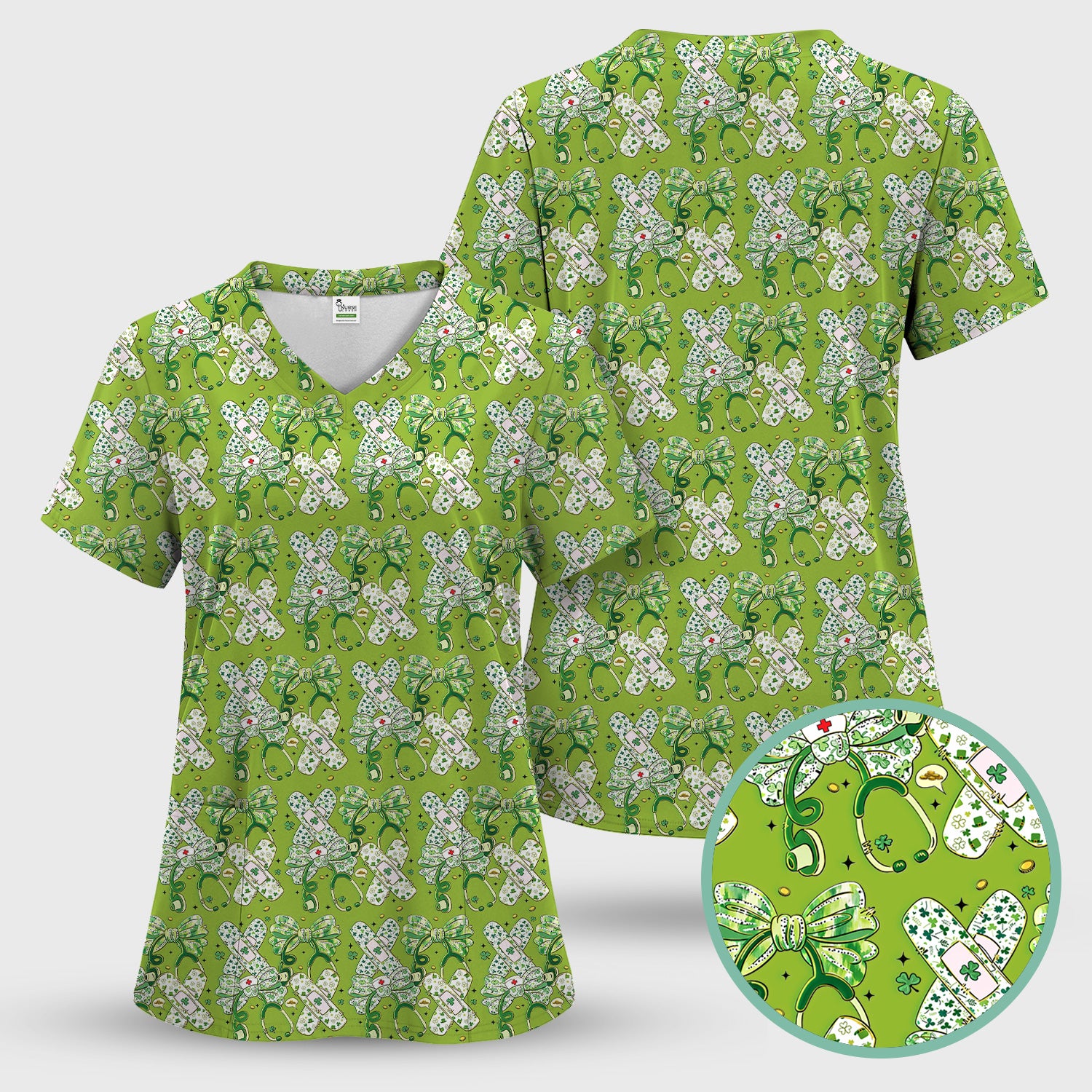 St Patrick Shamrock Stethoscope Bow Print Scrub Set, Breathable Med Uniform