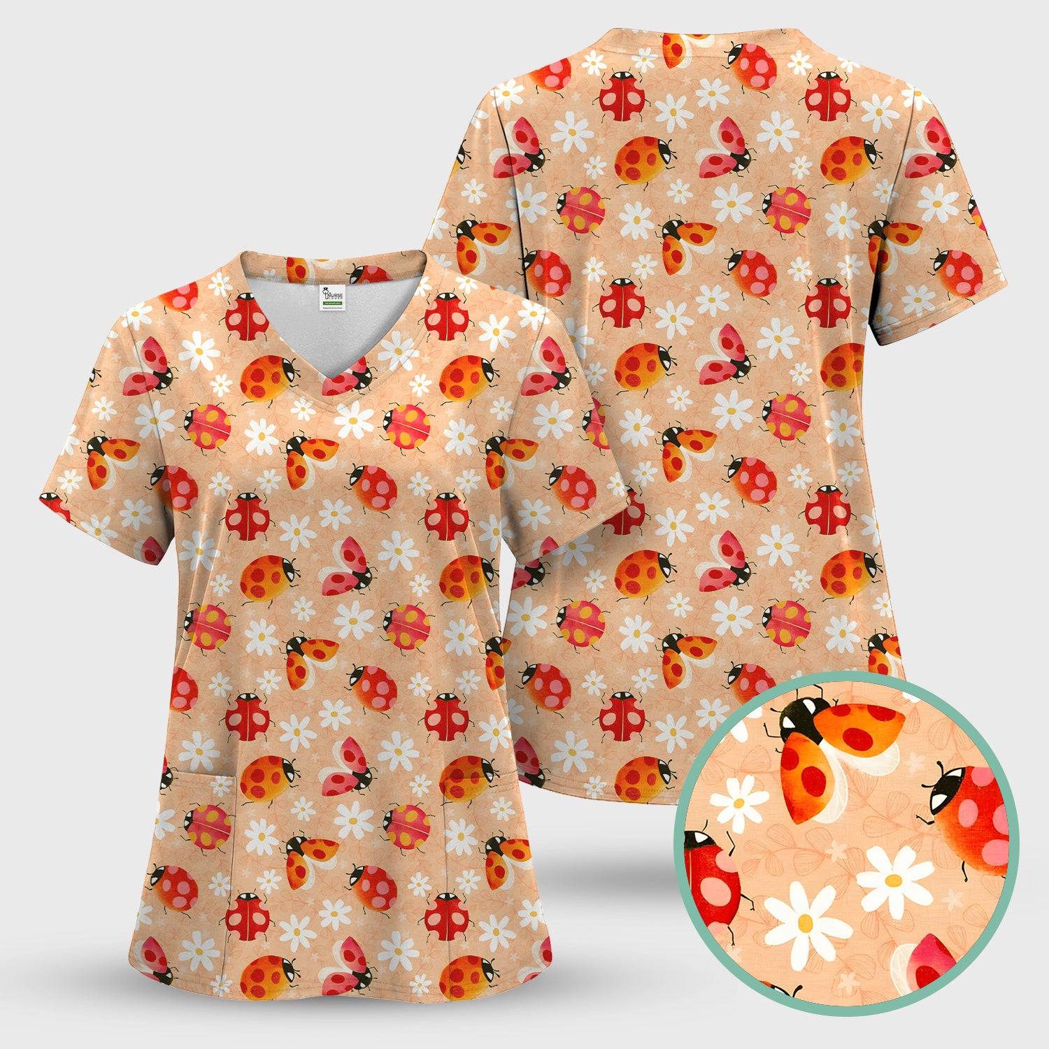 Ladybug Daisy Floral Pattern Scrub Top, Comfortable Scrubs for Nurses