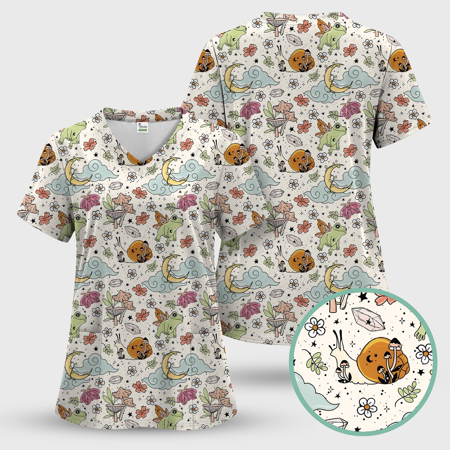 Whimsical Frog Moon Mushroom Pattern Scrub Top, Fantasy Nature Print, Breathable Fabrics Nursing Uniform