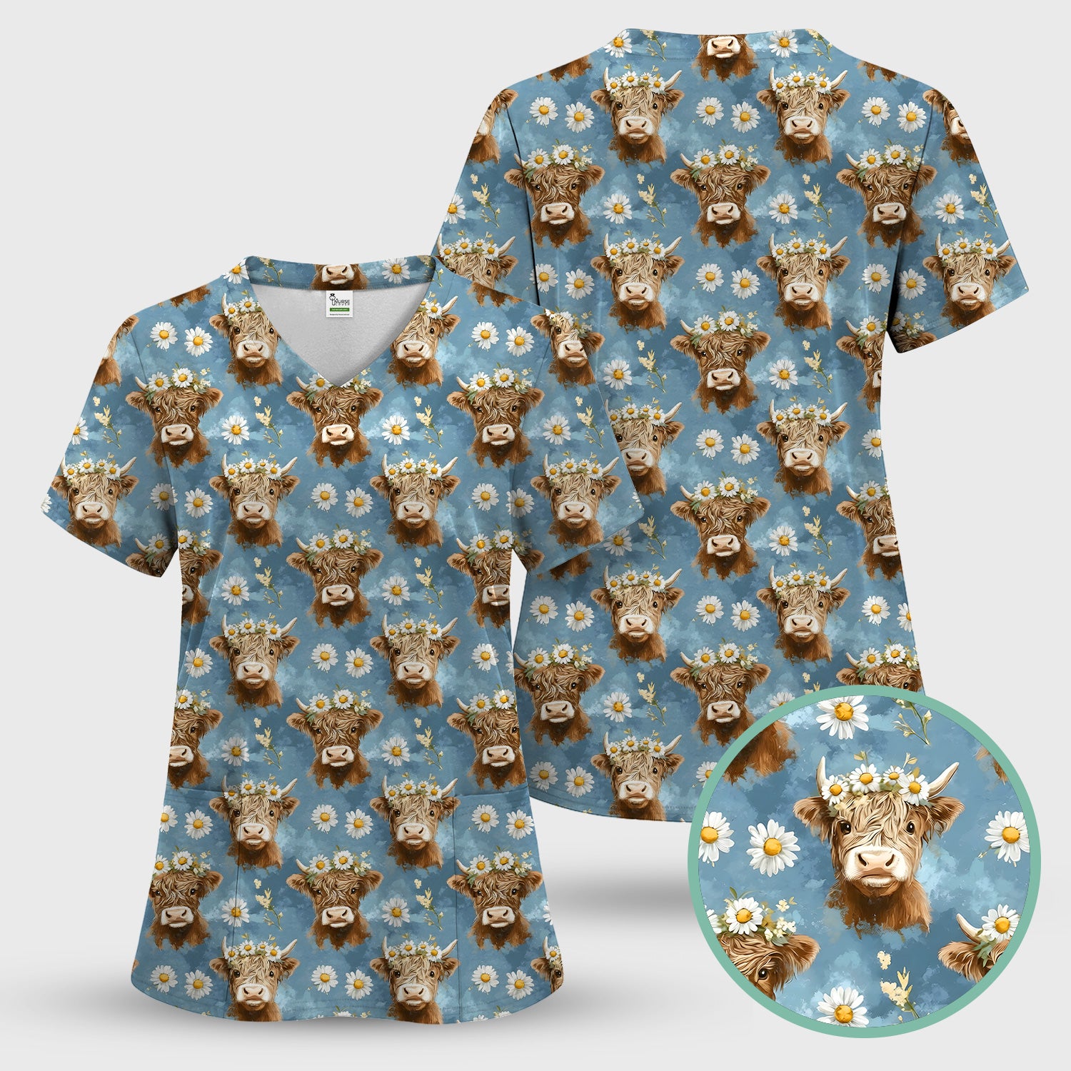 Highland Cow Daisy Flower Pattern Scrub Top, Comfortable Scrubs for Nurses