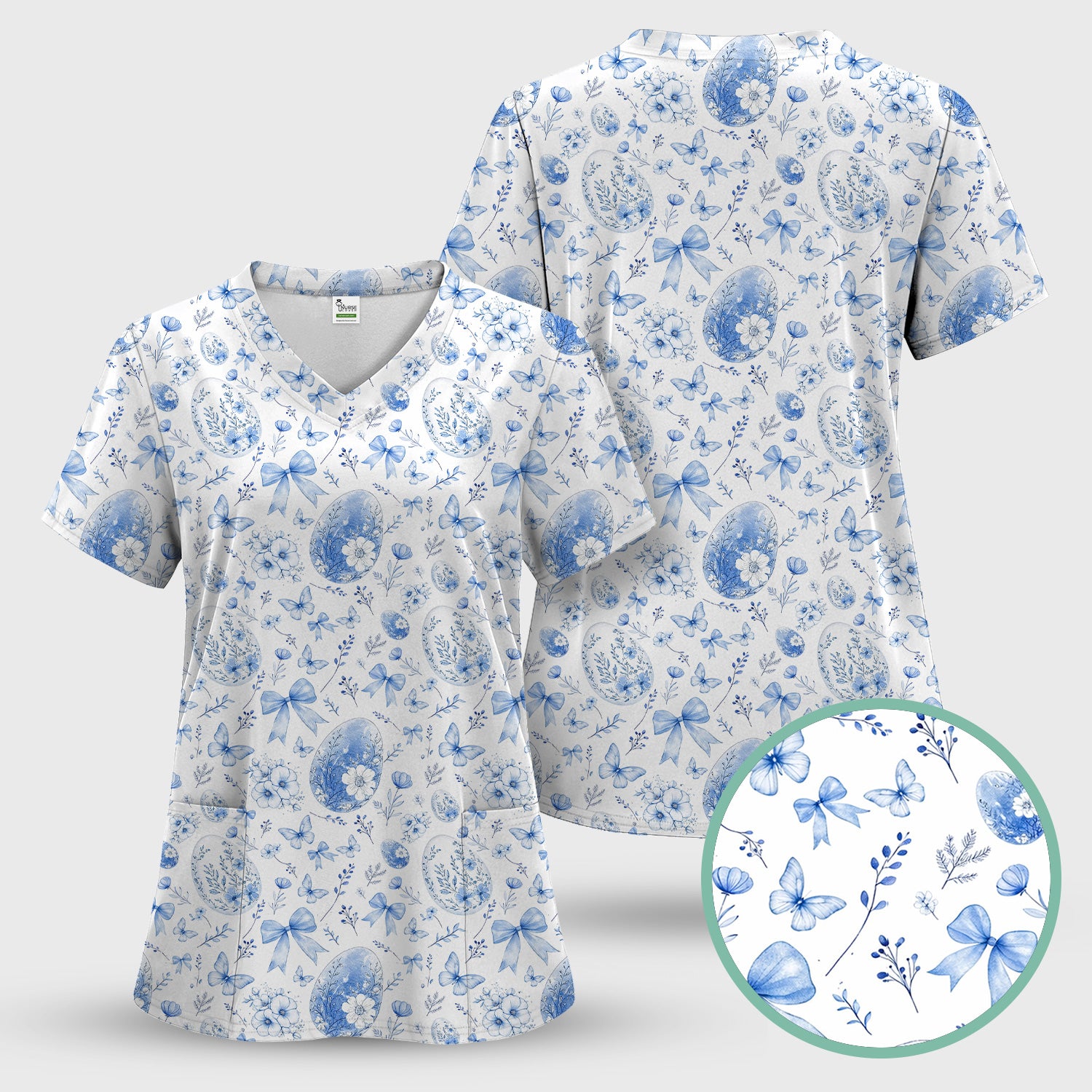 Butterfly Floral Bow Vintage Pattern Scrub Top, Breathable Fabrics Nursing Uniform