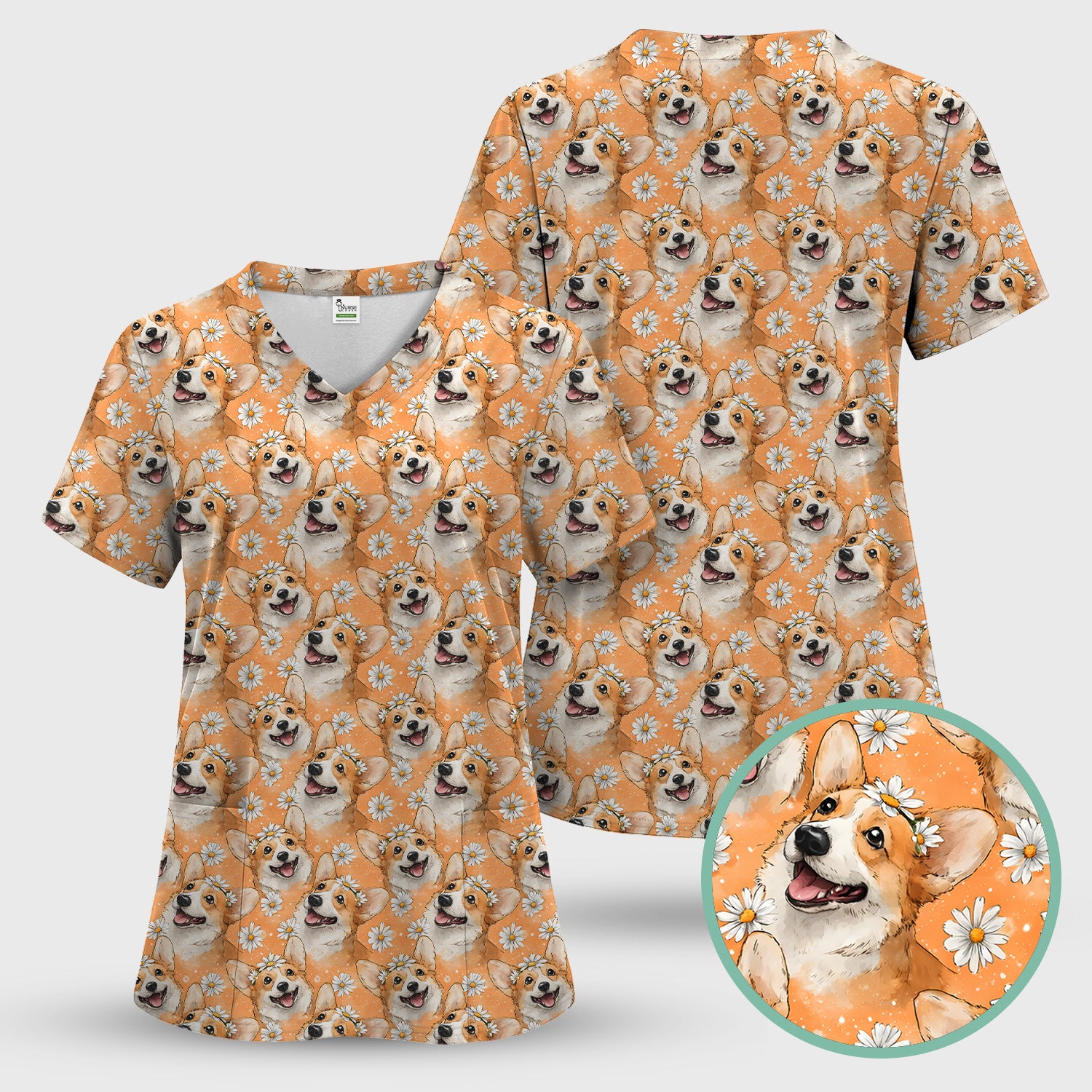 Happy Corgi Daisy Floral Pattern Orange Scrub Set,  Breathable Med Uniform