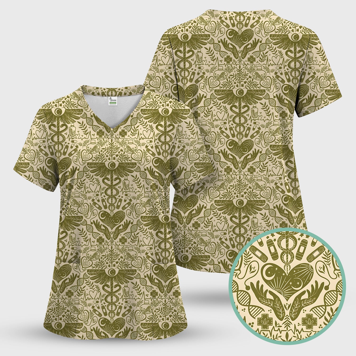 Inspirational Botanical Medical Caduceus Heart Nurse Pattern Scrub Set, Breathable Med Uniform