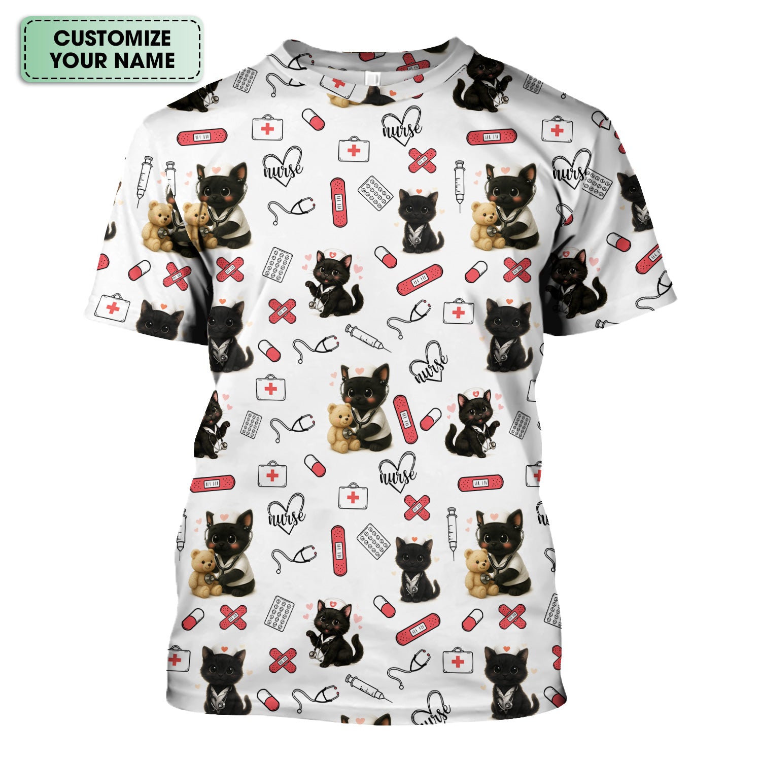 Cute Black Cat Nurse Scrub Top for RN CNA LPN - Funny Kitty Medical Pattern Uniform - Gift for Cat Loving Healthcare Women