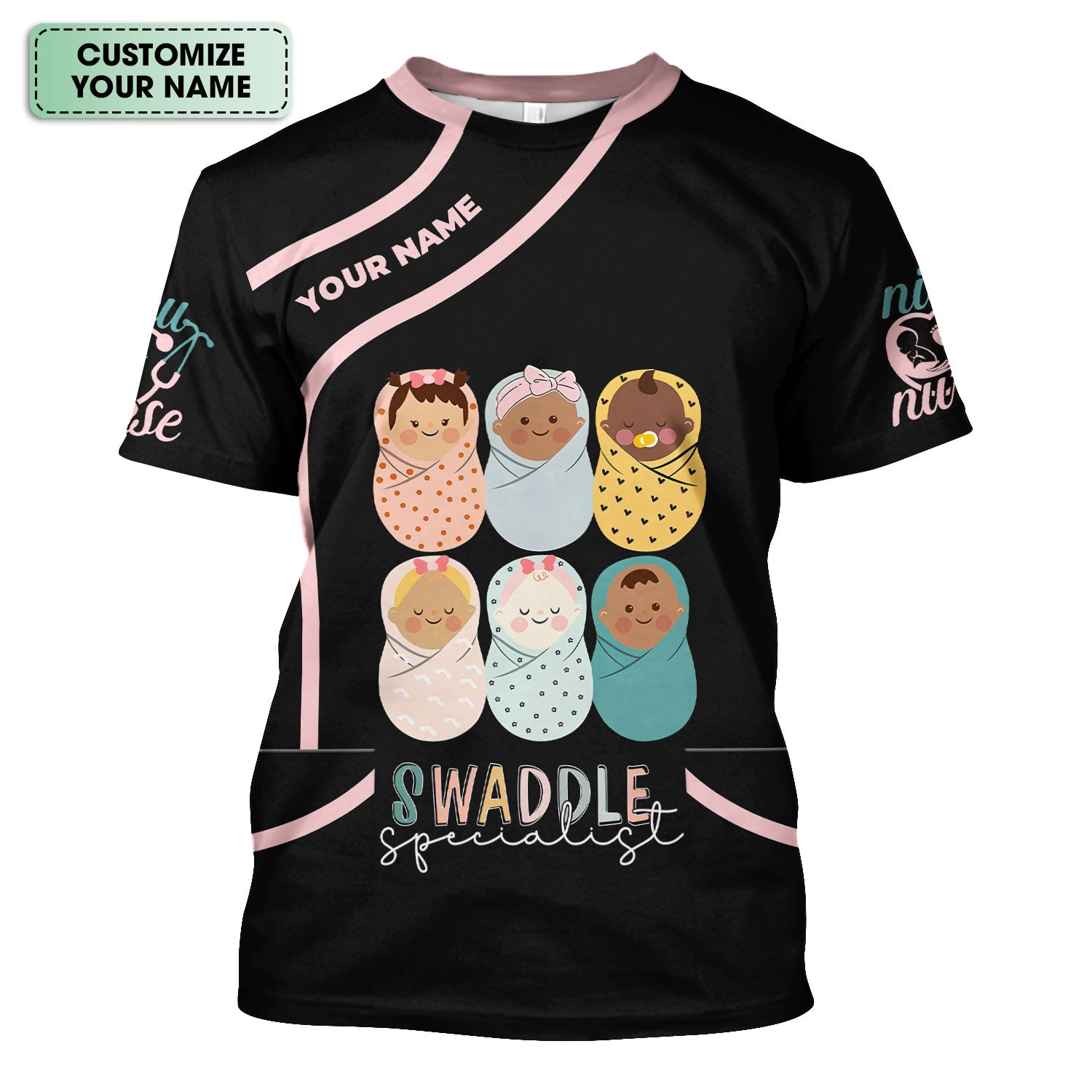 Swaddle Specialist Scrub Top - Cute NICU Nurse Shirt with Baby Design - Personalized Gift for Women RN CNA LPN Nursery Staff