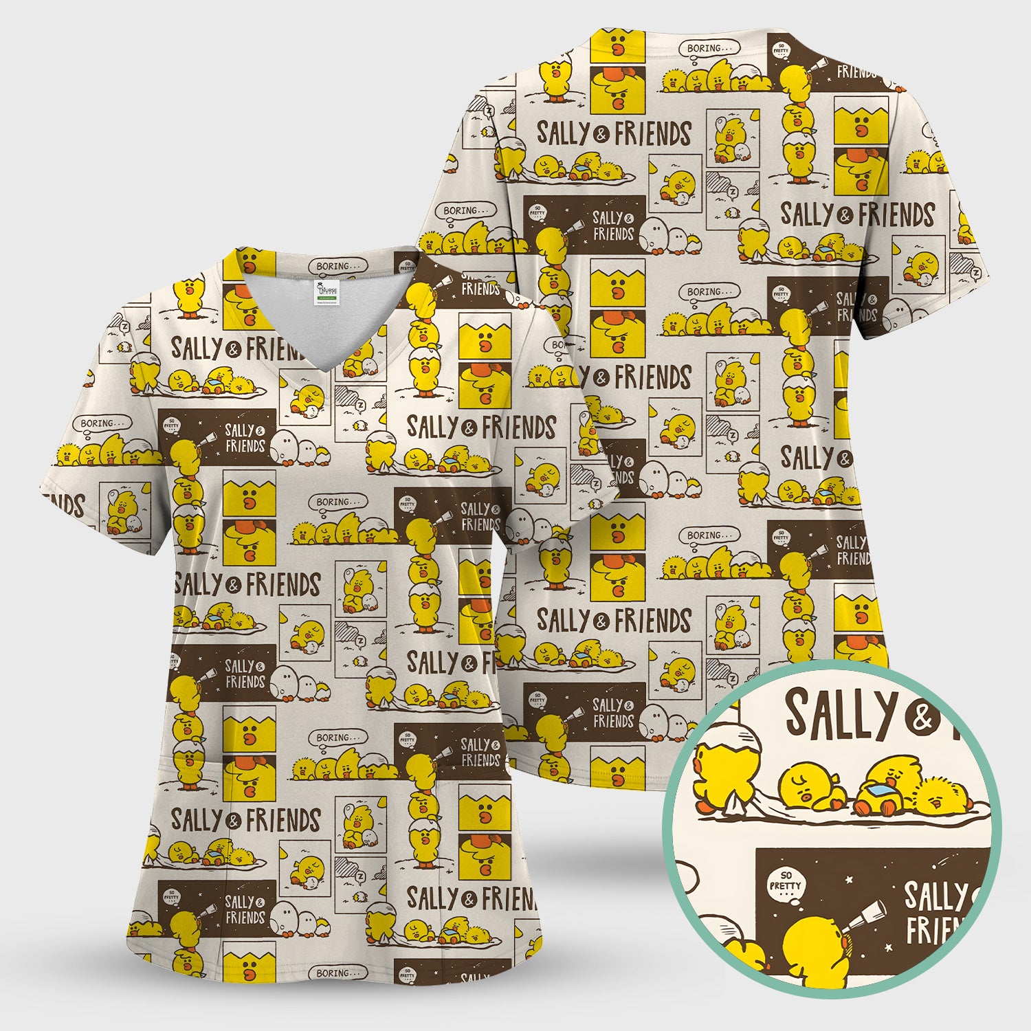 Cute Cartoon Chick Comic Pattern Scrub Set, Scrub Pants and V Neck Top
