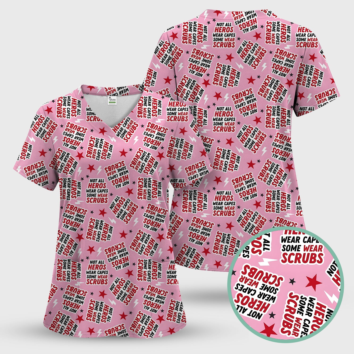 Not All Heroes Wear Scrubs Quote Stars Lightning Pattern Scrub Set, Scrub Pants and V Neck Top