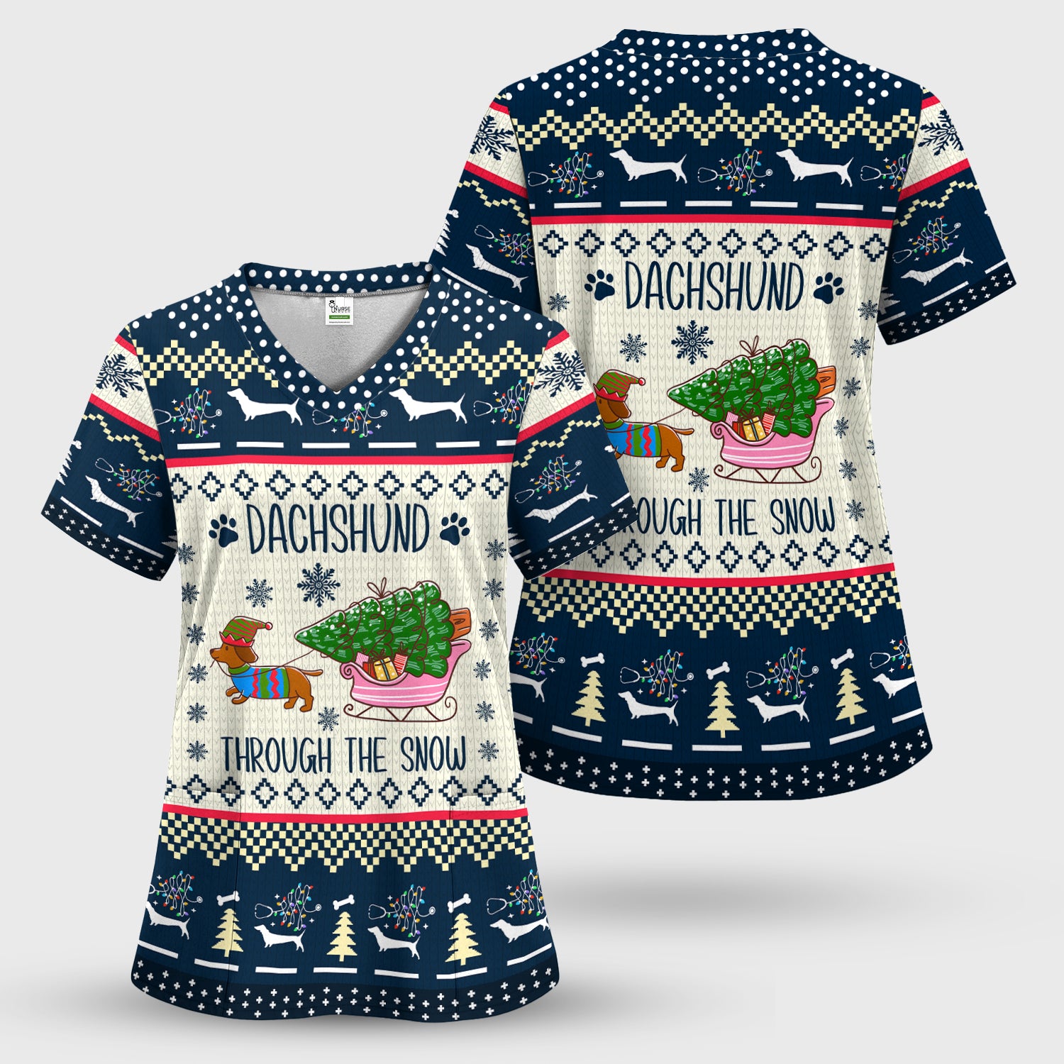 Christmas Dachshund Scrub Top, Cute Wiener Dog Holiday Medical Uniform, Funny “Dachshund Through The Snow” Scrubs For Nurse Or Dog Lover