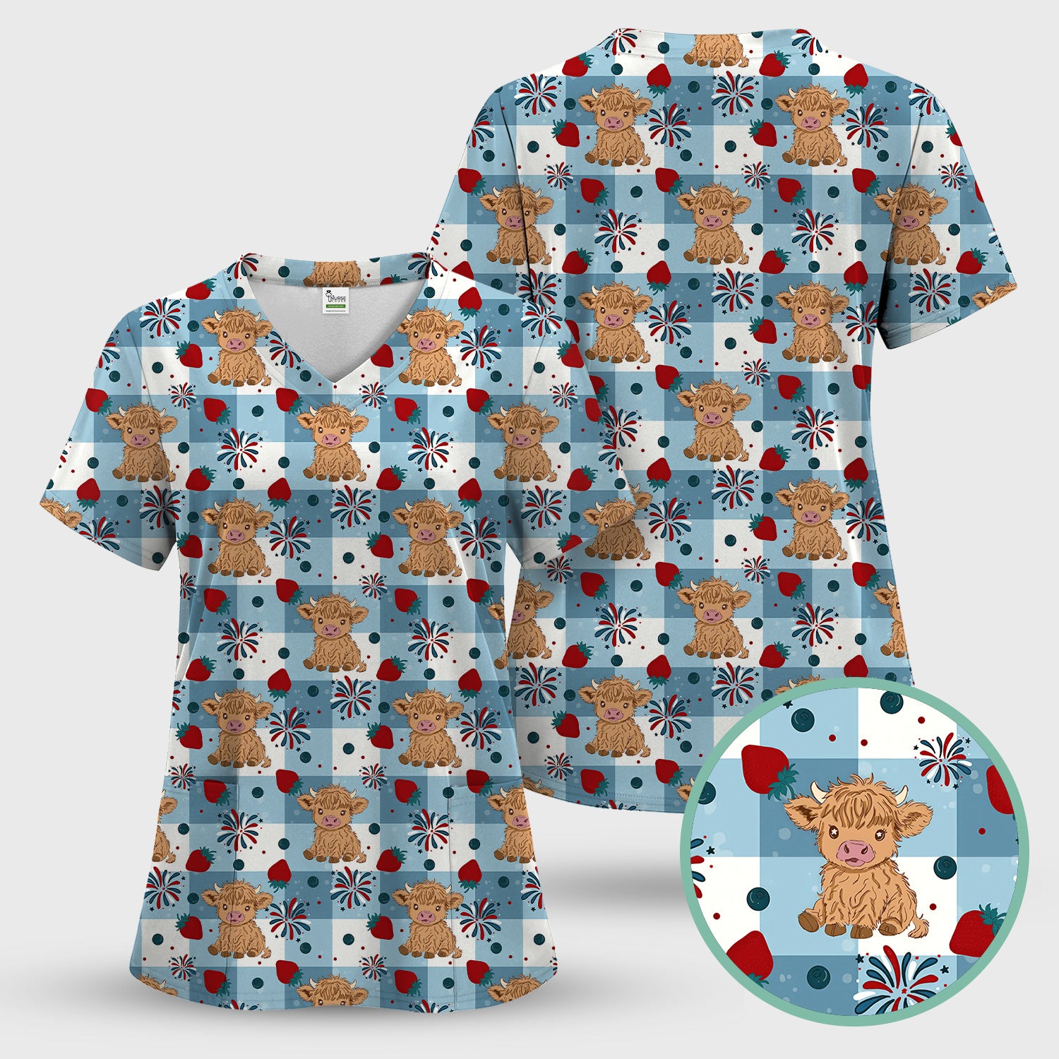 Highland Cow Strawberry Firework Gingham Pattern Scrub Top, Comfortable Scrubs for Nurses