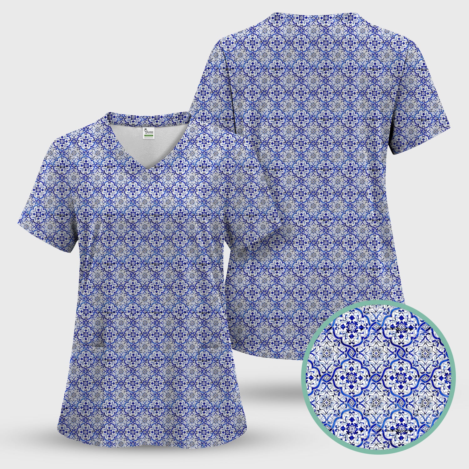 Blue Vintage Tile Floral Pattern Scrub Top, Breathable Fabrics Nursing Uniform