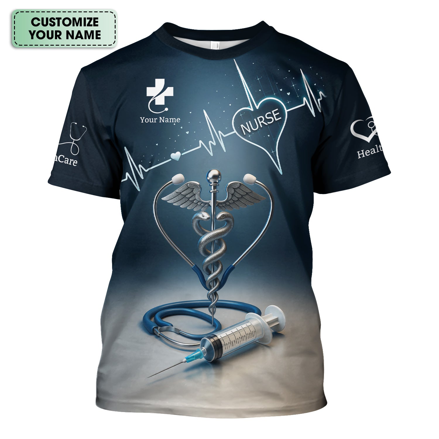 Personalized Nurse Scrubs with Caduceus Heartbeat Syringe - Custom Name Medical Apparel for RN CNA LPN - Gift for Healthcare Workers