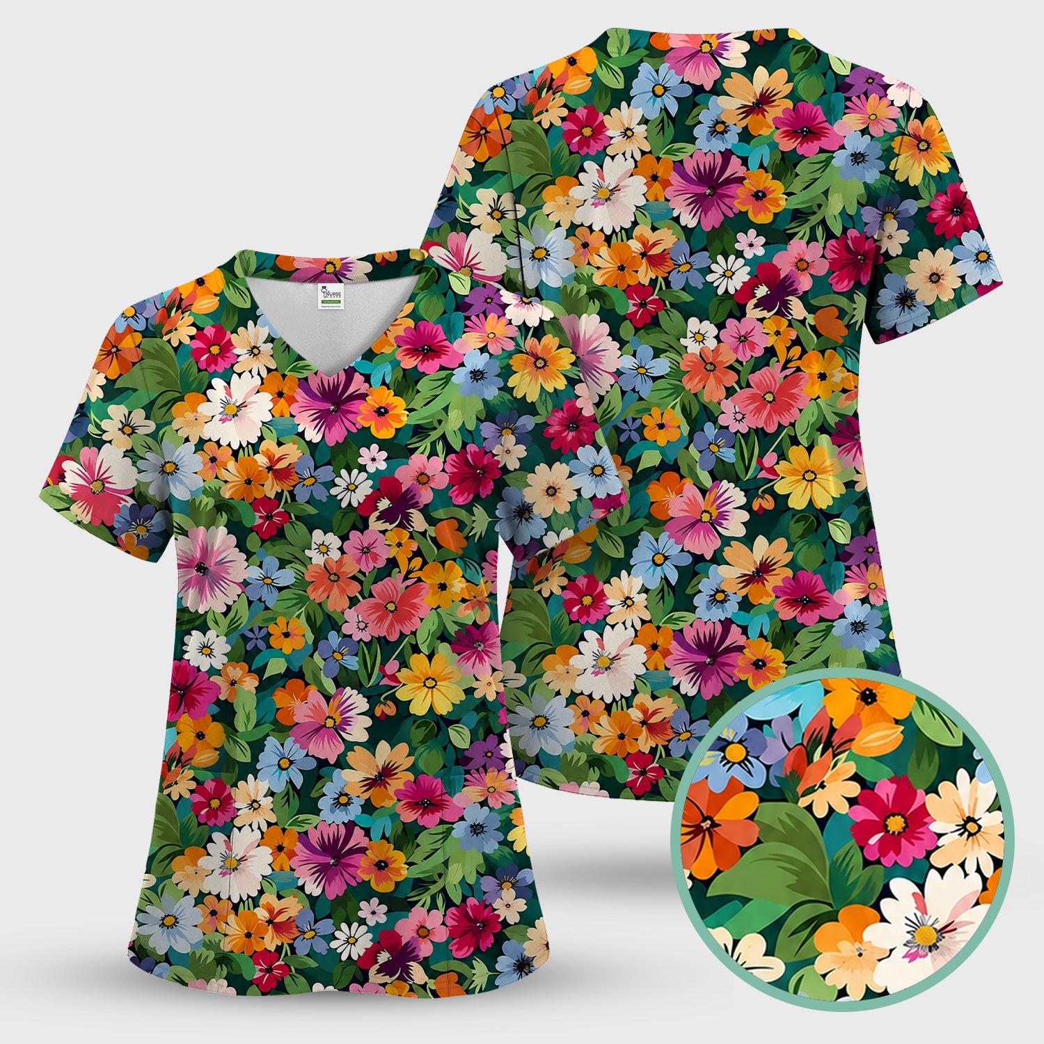 Colorful Wildflower Garden Pattern Scrub Top, Comfortable Scrubs for Nurses