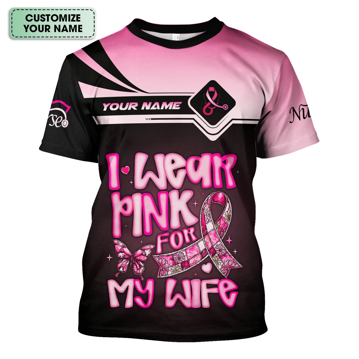 Personalized Breast Cancer Awareness Scrub Top - I Wear Pink For My Wife - RN LPN CNA Healthcare Workers Gift