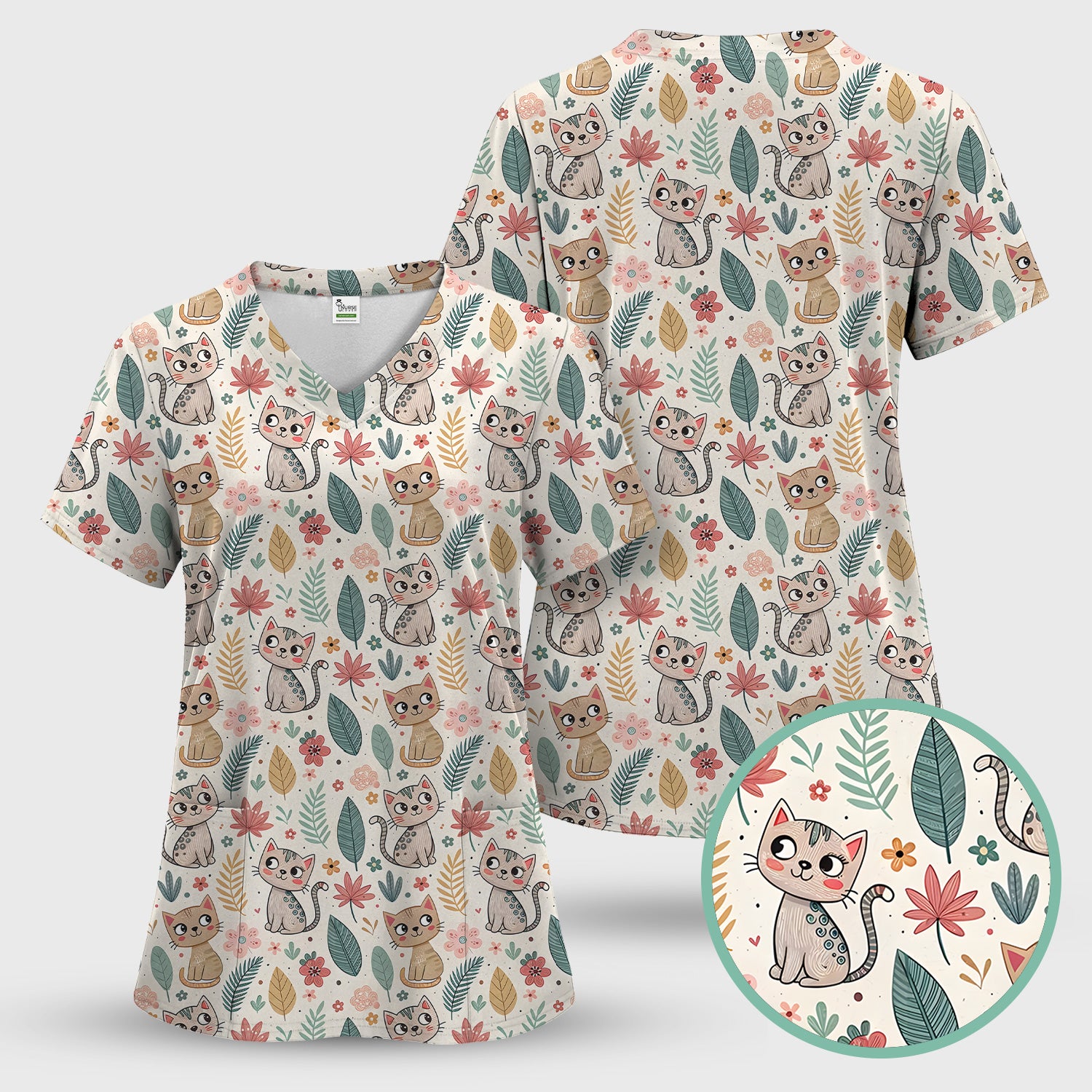 Cute Cartoon Cat Floral Leaf Pattern Scrub Top, Kawaii Kitty Nursing Uniform for Women