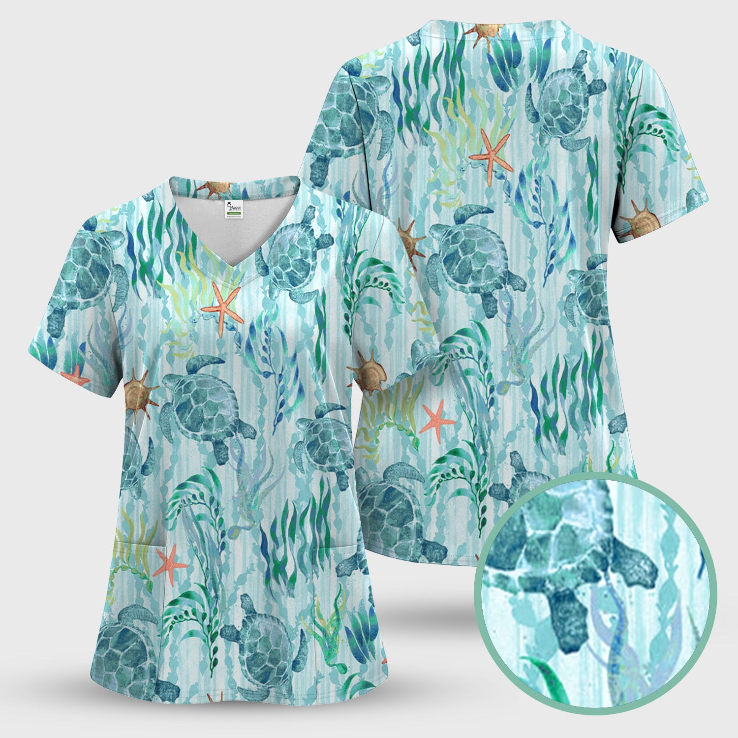 Sea Turtle Ocean Watercolor Print Scrub Top, Comfortable Scrubs for Nurses