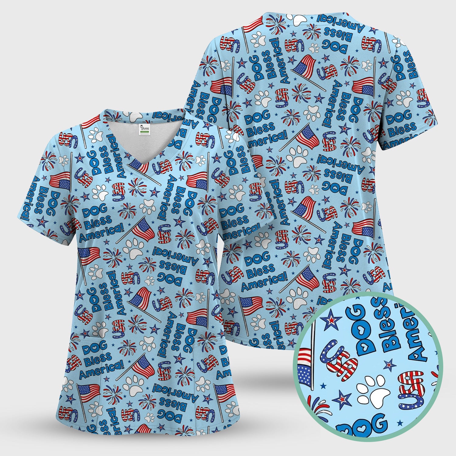 Funny Patriotic Dog Bless America Flag Pattern Scrub Set, Scrub Pants and V Neck Top