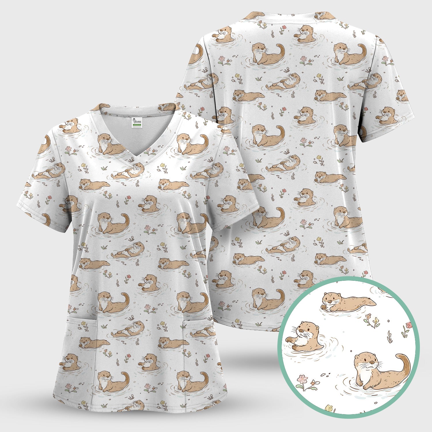 Otter Swimming Floating Water Pattern Scrub Set, Scrub Pants and V Neck Top