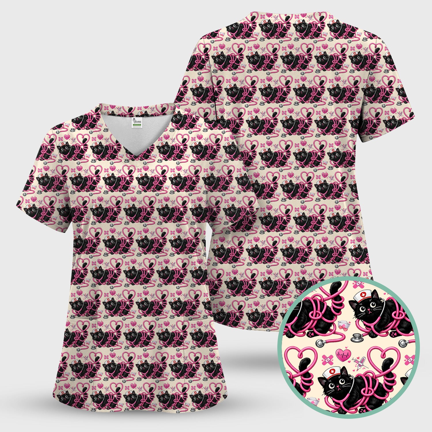 Valentine Cute Cat Nurse Heart Print Scrub Top, Comfortable Scrubs for Nurses