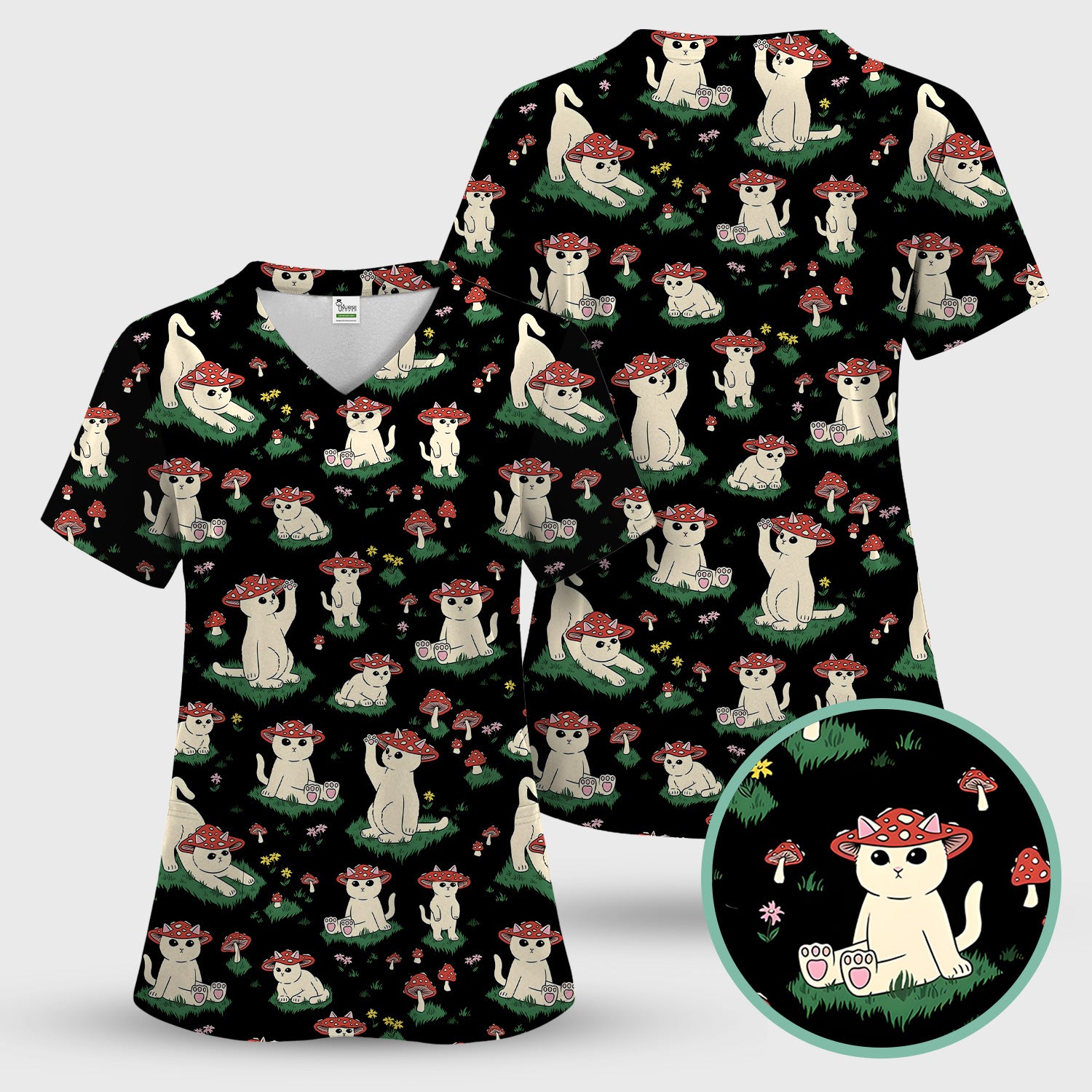 Cute Mushroom Cat Pattern Scrub Top, Comfortable Scrubs for Nurses