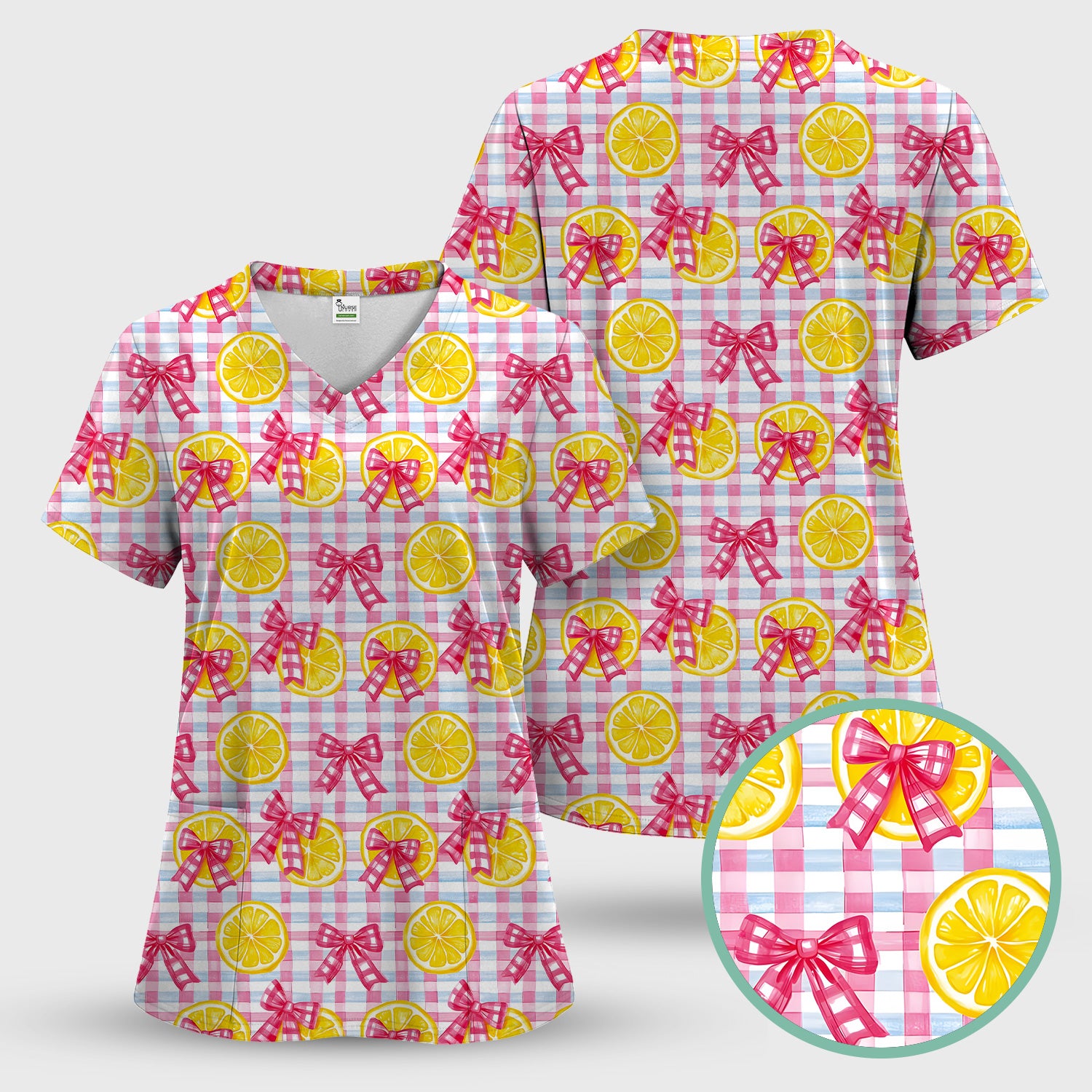 Cute Lemon Slice Pink Bow Gingham Pattern Scrub Set, Scrub Pants and V Neck Top