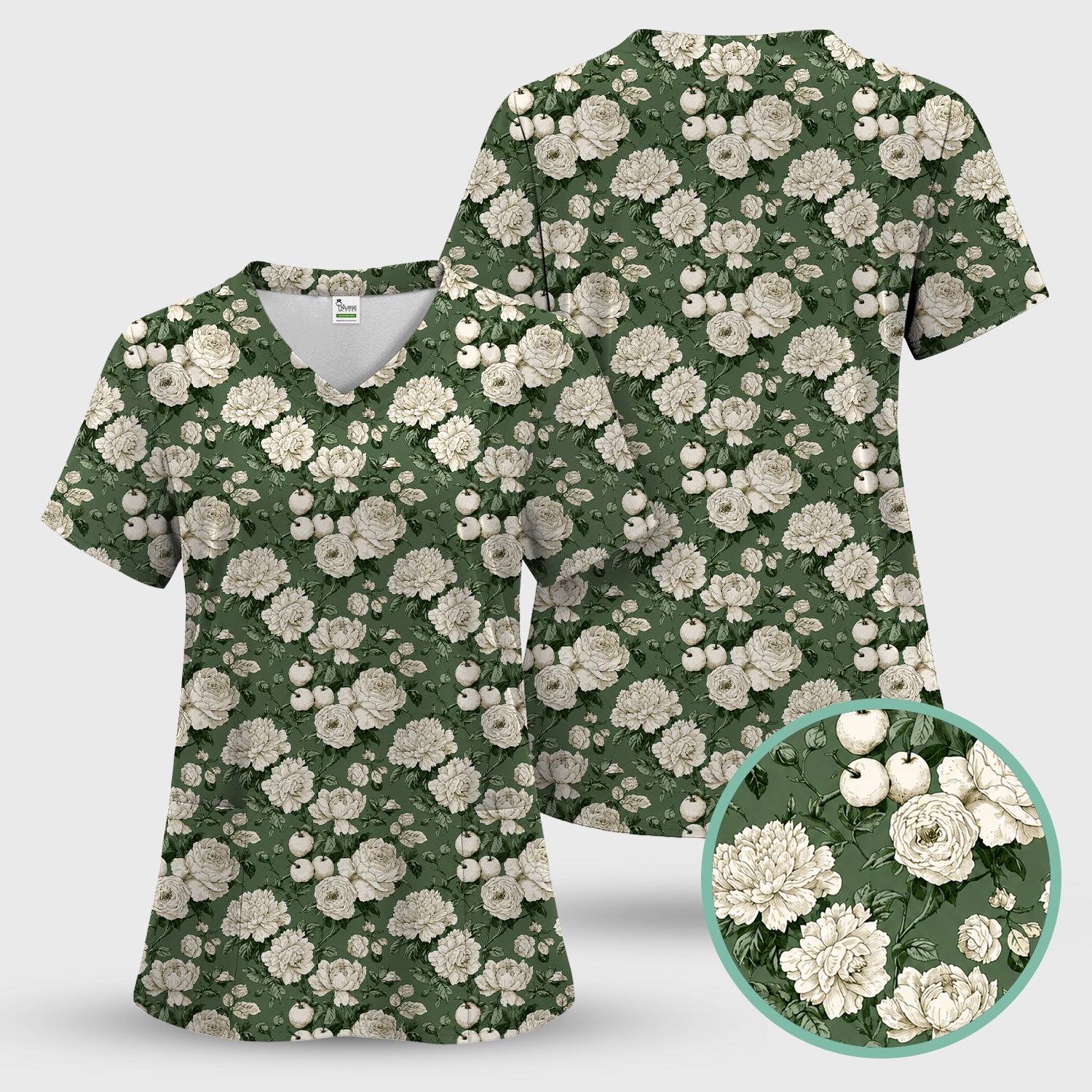 Elegant White Rose Garden Pattern Scrub Set, Scrub Pants and V Neck Top