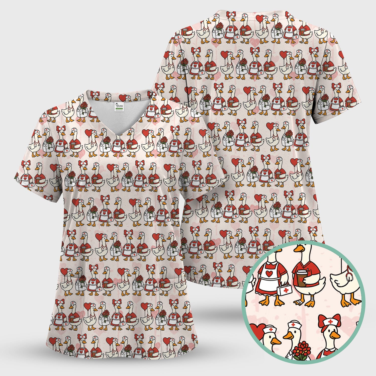Valentine Nurse Goose Pattern Scrub Top, Comfortable Scrubs for Nurse