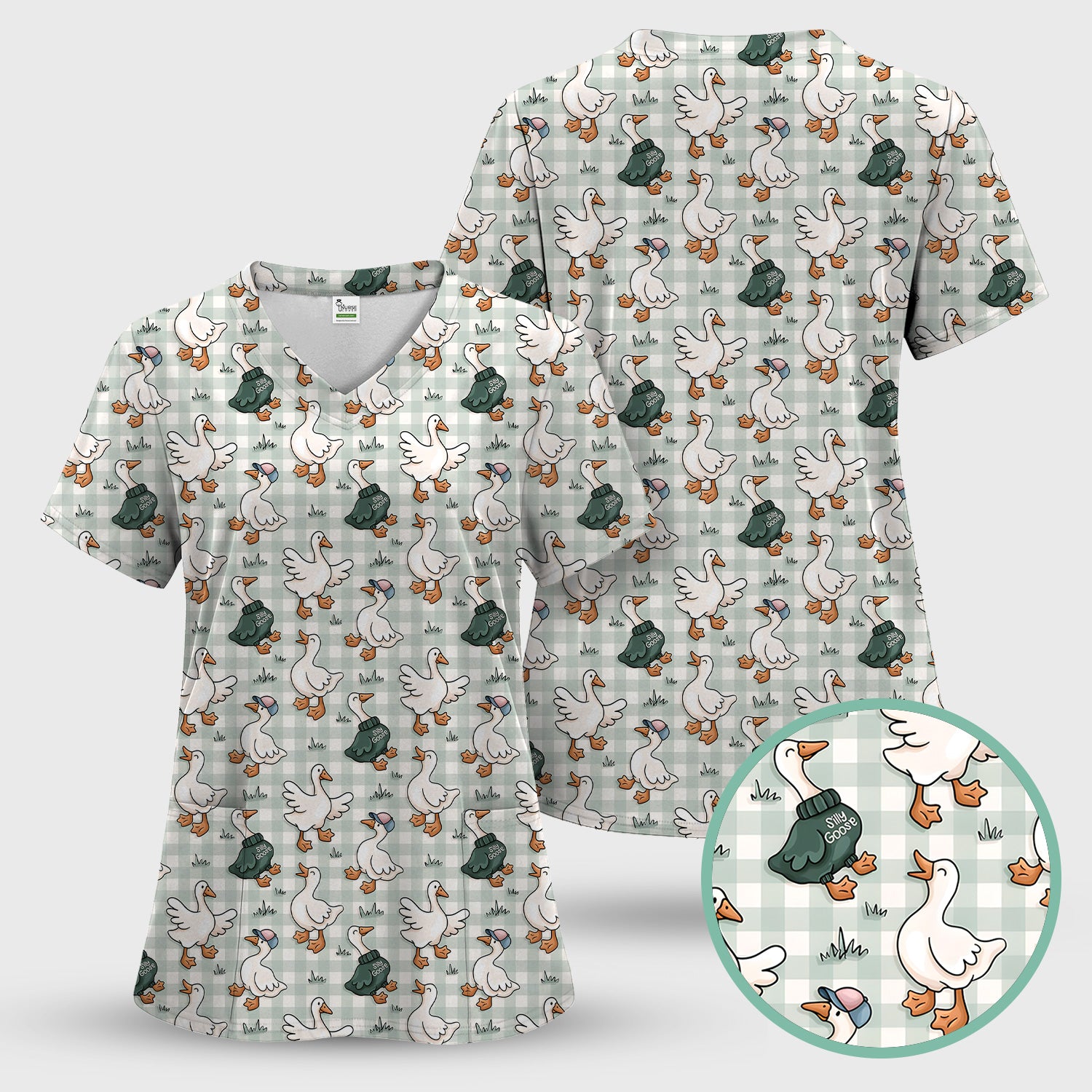 Funny Goose Wearing Sweater On Plaid Background Pattern Scrub Top, Comfortable Scrubs for Nurses