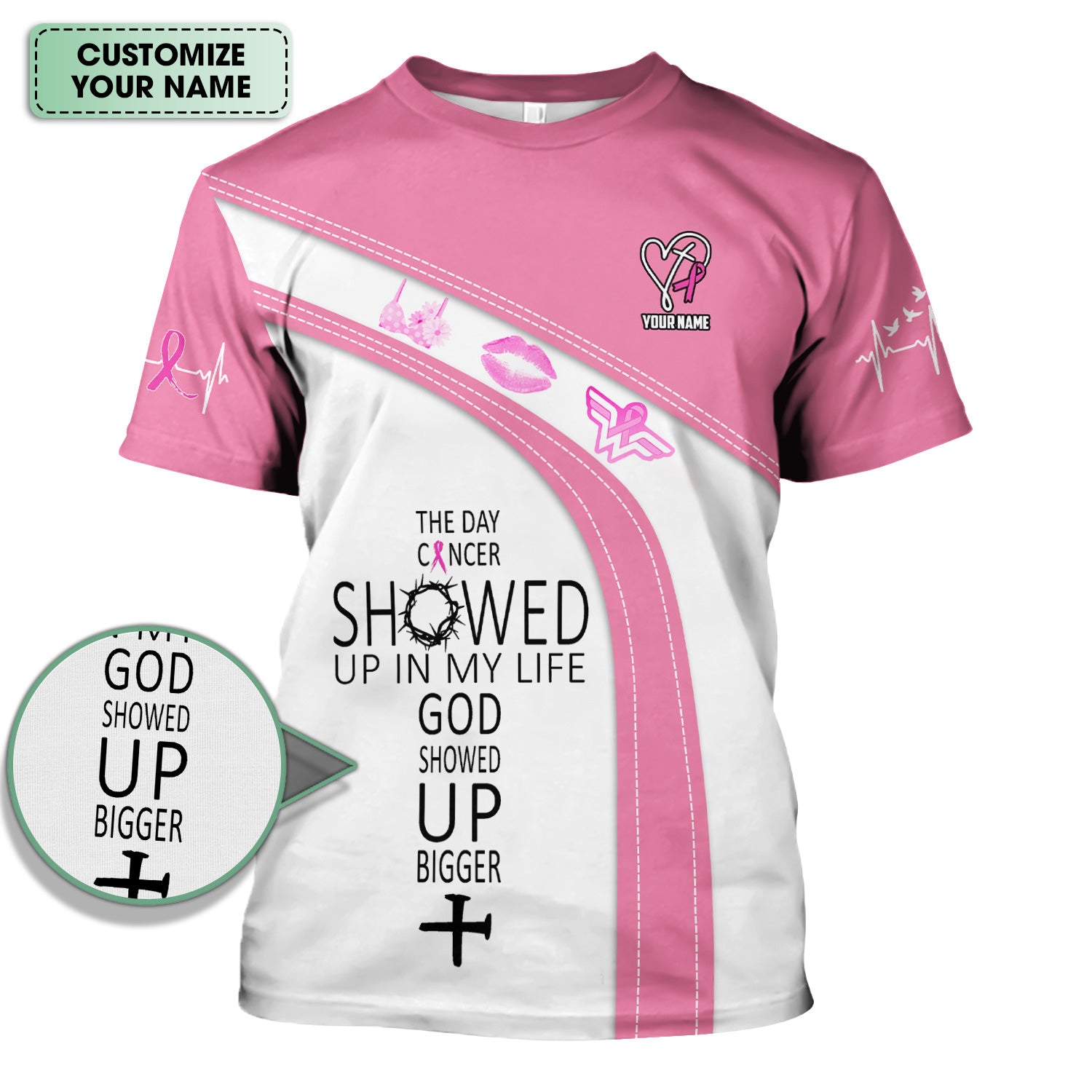 Personalized Christian Breast Cancer Warrior Shirt - God Showed Up Bigger Graphic Tee - Gift for Women RN LPN CNA