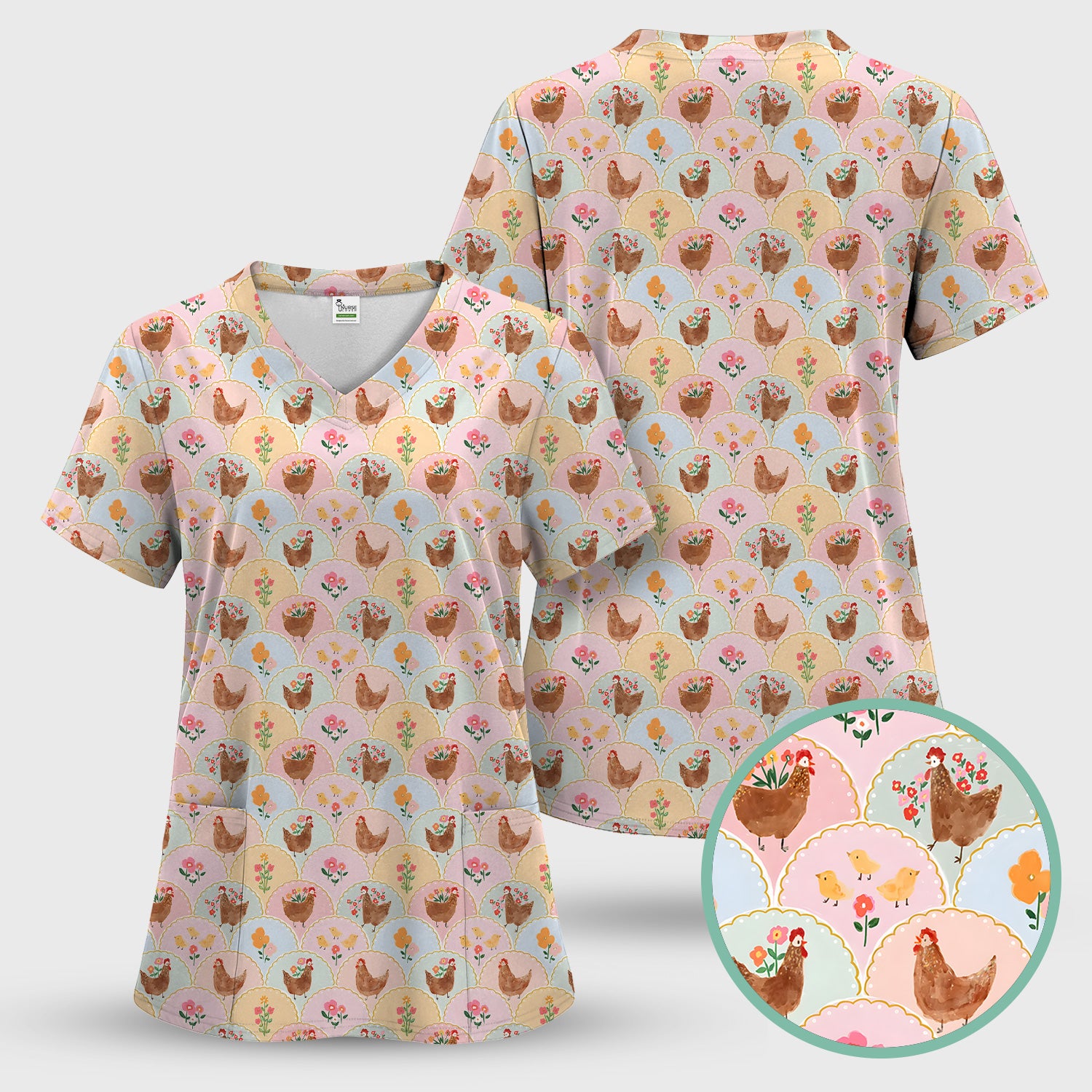 Pastel Chicken With Floral Scrub Top, Cute Chicken Nursing Uniform For Women