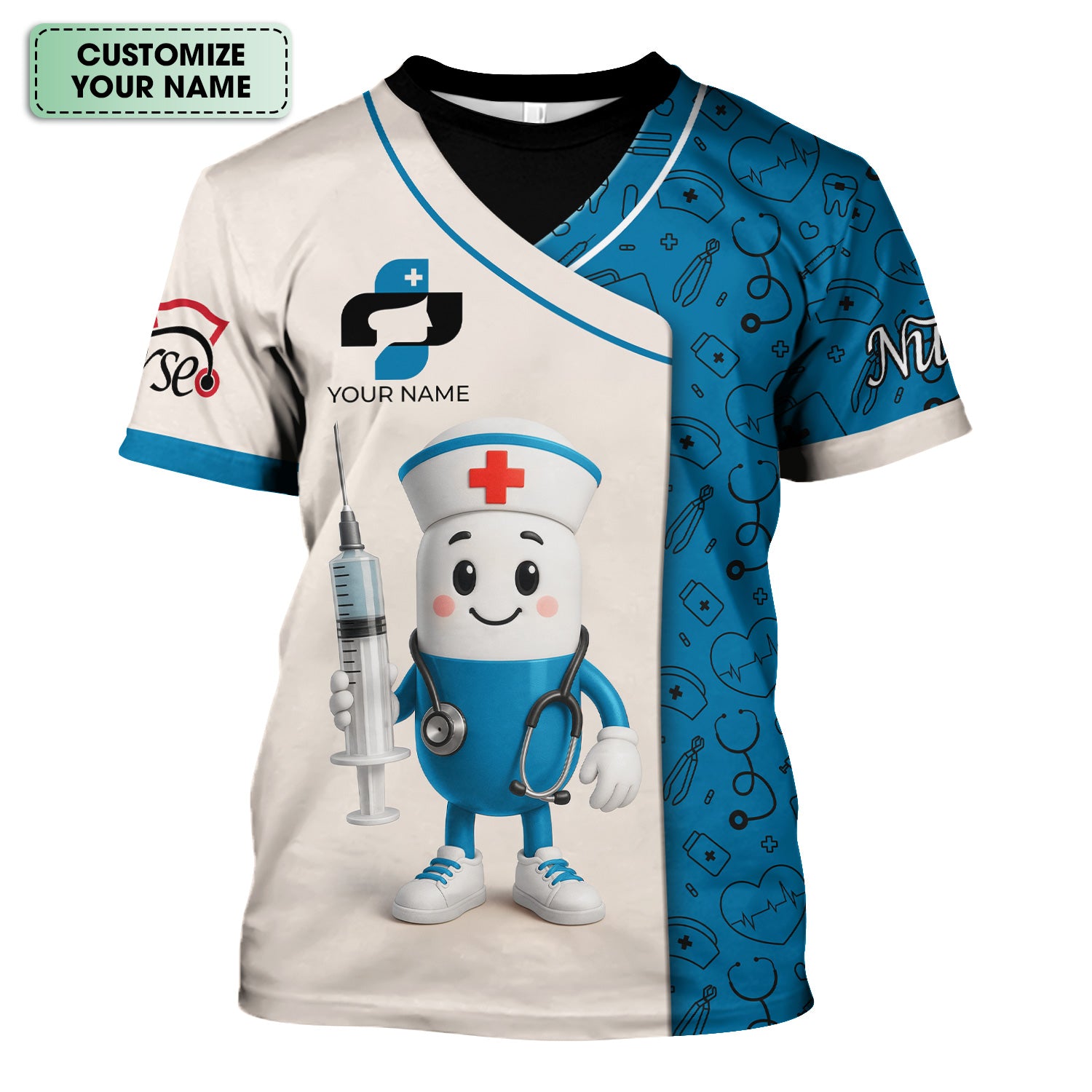 Personalized Medical Nurse Shirt - Cute Pill Cartoon Doctor with Syringe Stethoscope Design - Custom Name Gift for RN LPN CNA Multiple Color Options Available