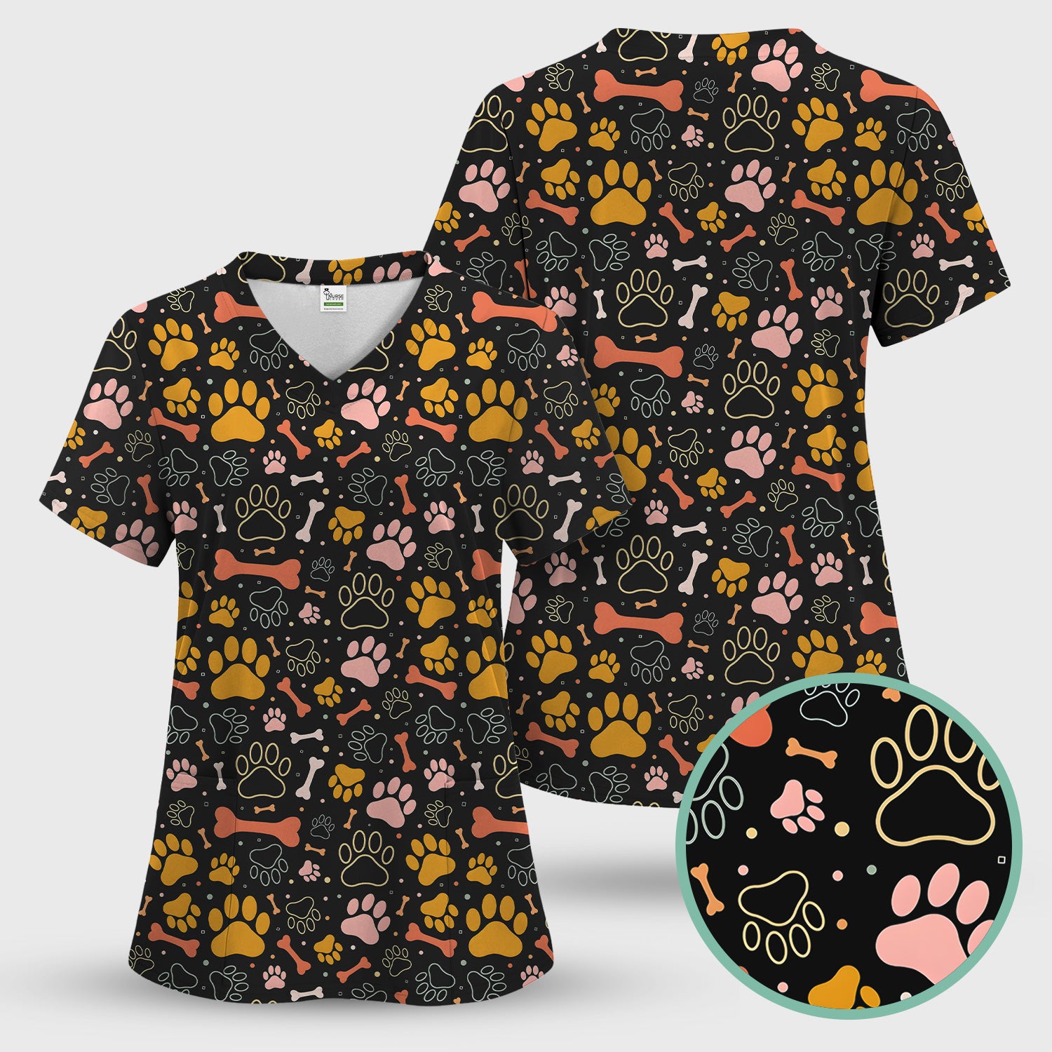 Cute Paw Print Dog Pattern Scrub Top, Comfortable Scrubs for Nurses