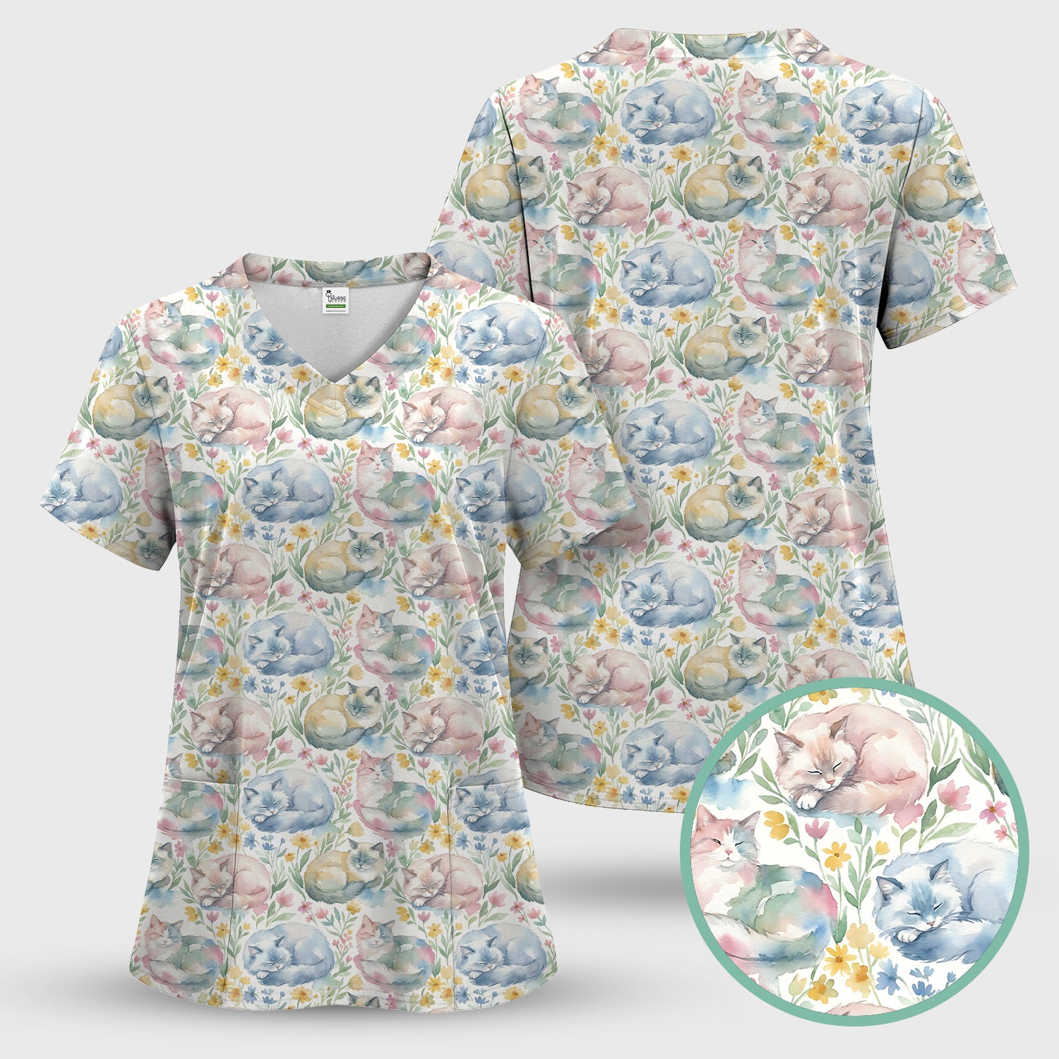 Dreamy Sleeping Cat Floral Pattern Scrub Top, Comfortable Scrubs for Nurses