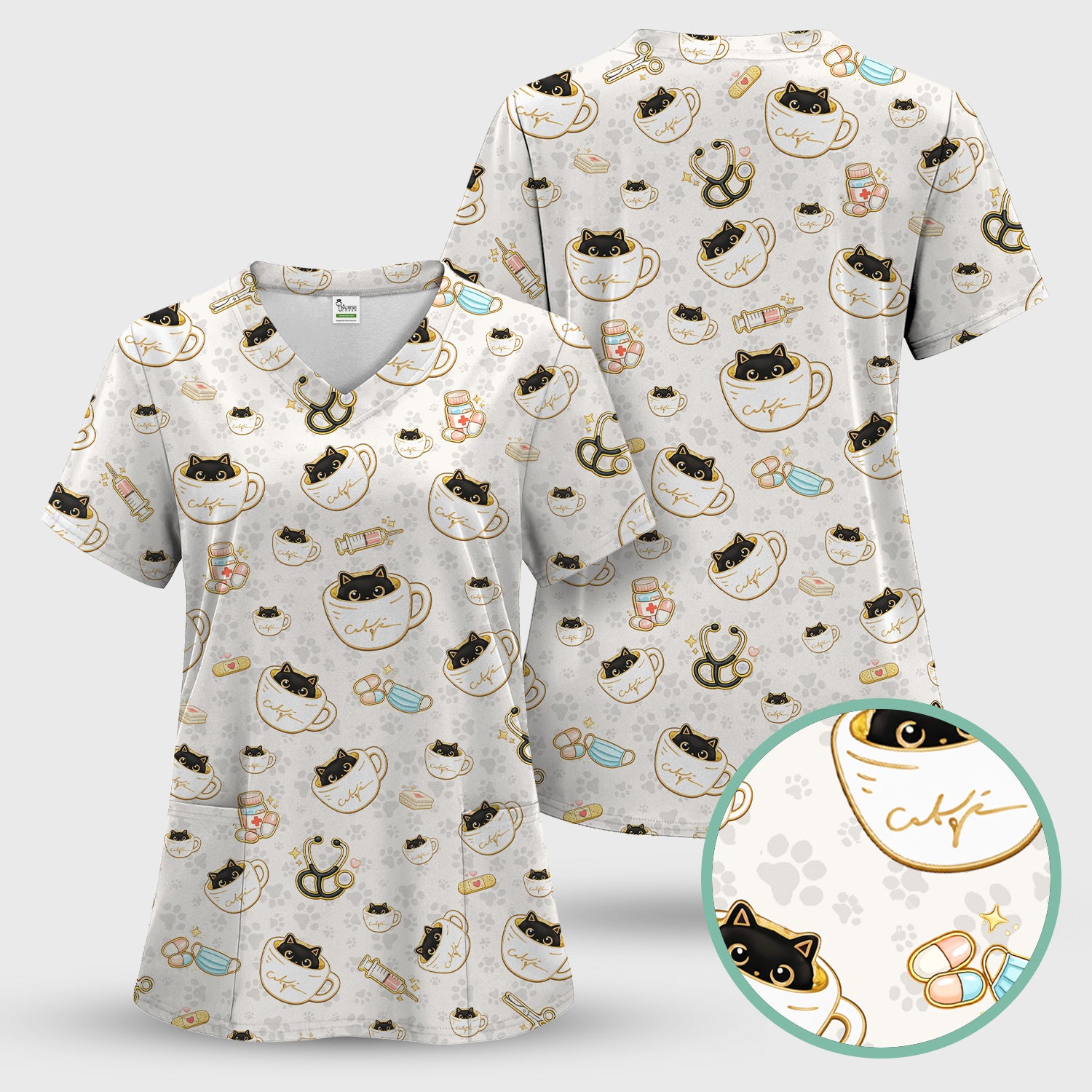 Cute Coffee Cat Medical Print Scrub Top, Breathable Fabrics Nursing Uniform