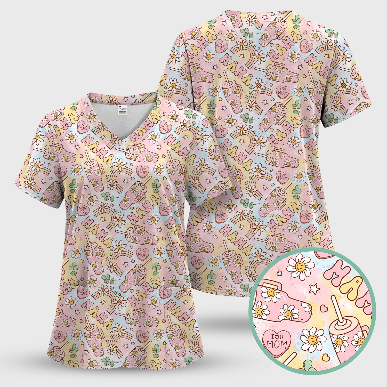 Sweet Nurse Mama Daisy Rainbow Pattern Scrub Set, Scrub Pants and V Neck Top