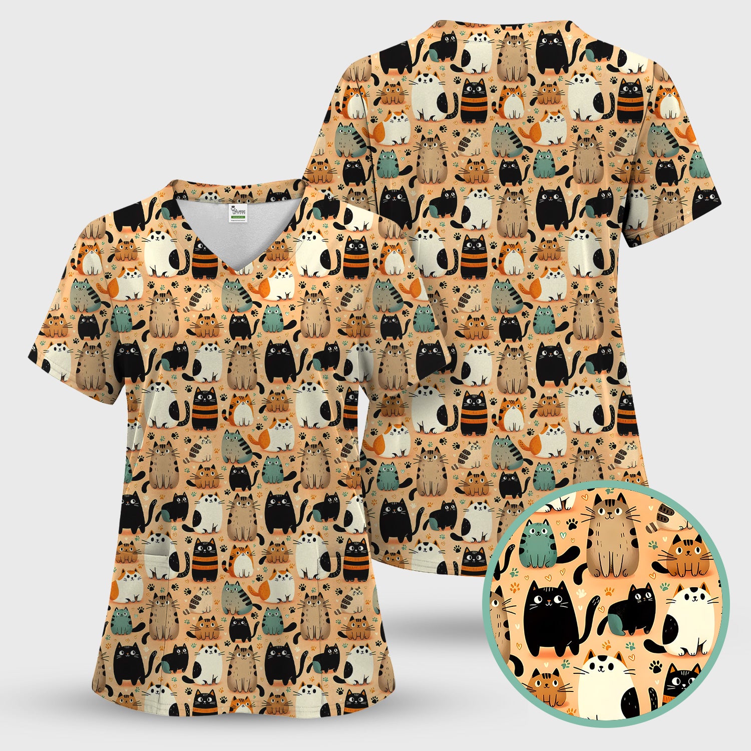 Cat Parade Doodle Pattern Scrub Top, Comfortable Scrubs for Nurses