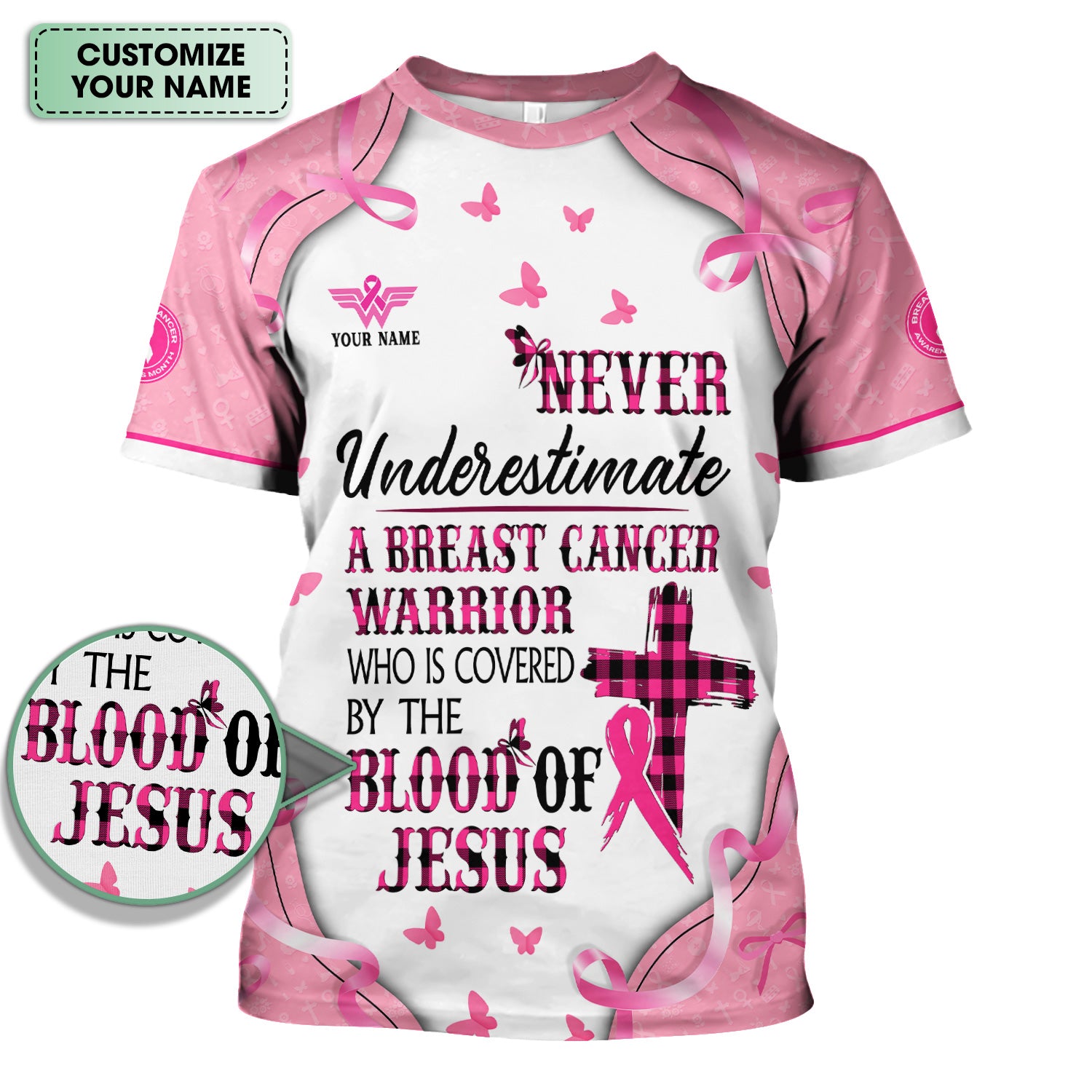 Custom Christian Breast Cancer Awareness Shirt - Blood Of Jesus Quote Graphic Tee - Gift for RN LPN CNA