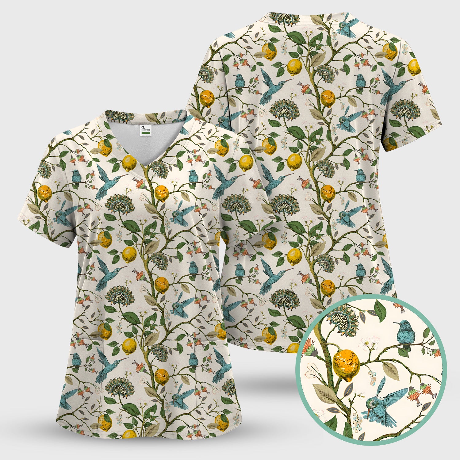 Cute Hummingbird Lemon Floral Pattern Scrub Top, Comfortable Scrubs for Nurses